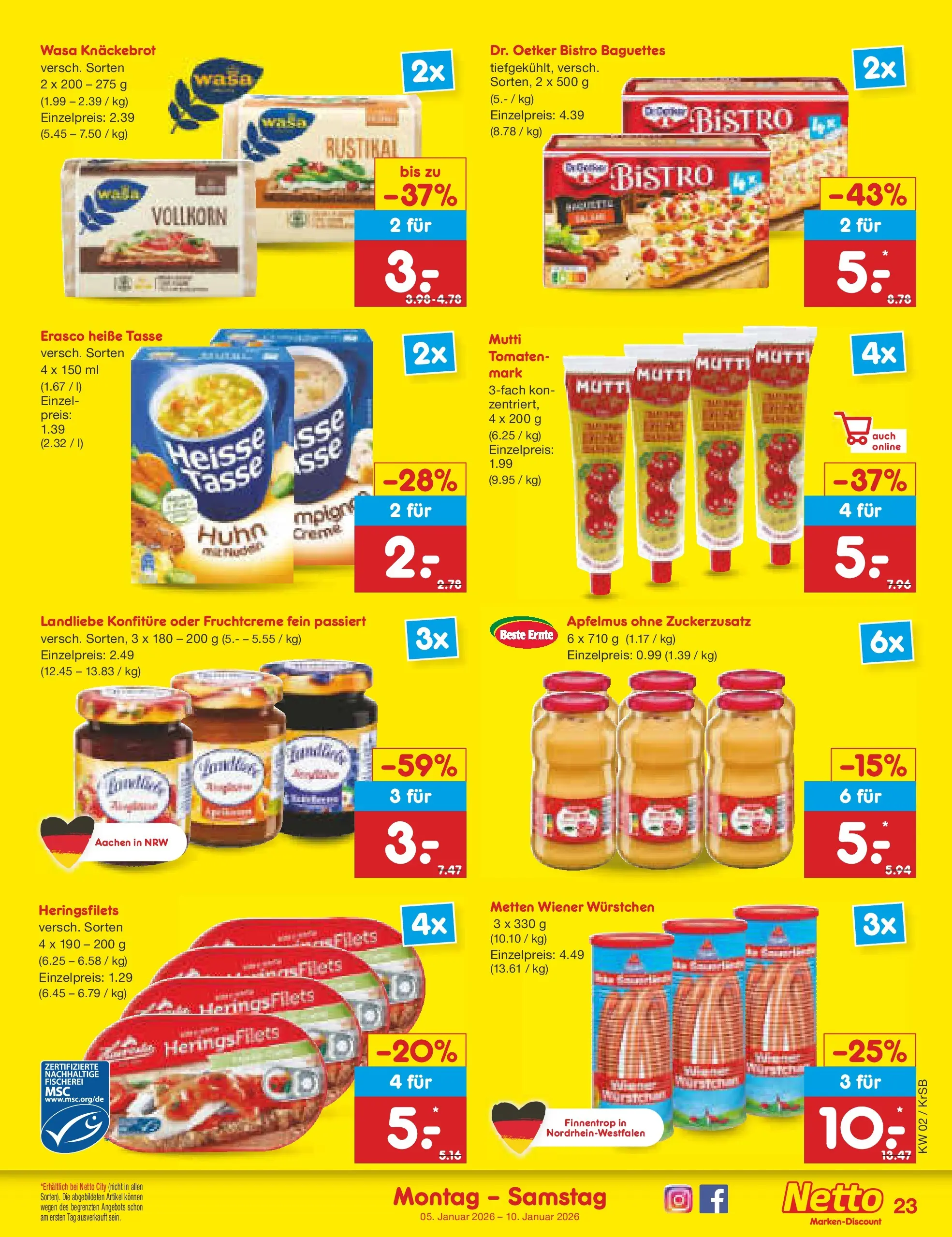 Netto Marken-Discount prospekt Jüchen	 (ab 04.01.2026) » Angebote | Seite: 23 | Produkte: Wiener wurstchen, Tomaten, Wasa knackebrot, Erasco