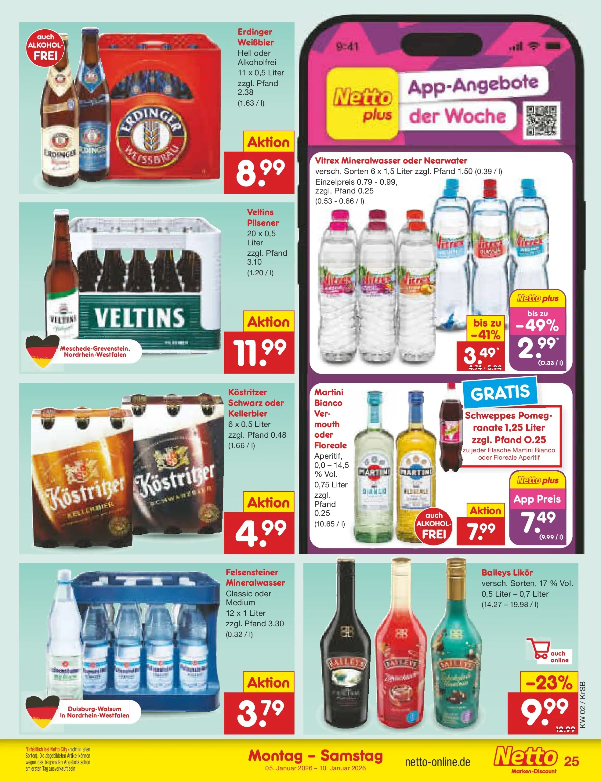 Netto Marken-Discount prospekt Jüchen	 (ab 04.01.2026) » Angebote | Seite: 25 | Produkte: Kostritzer, Weißbier, Mineralwasser, Baileys