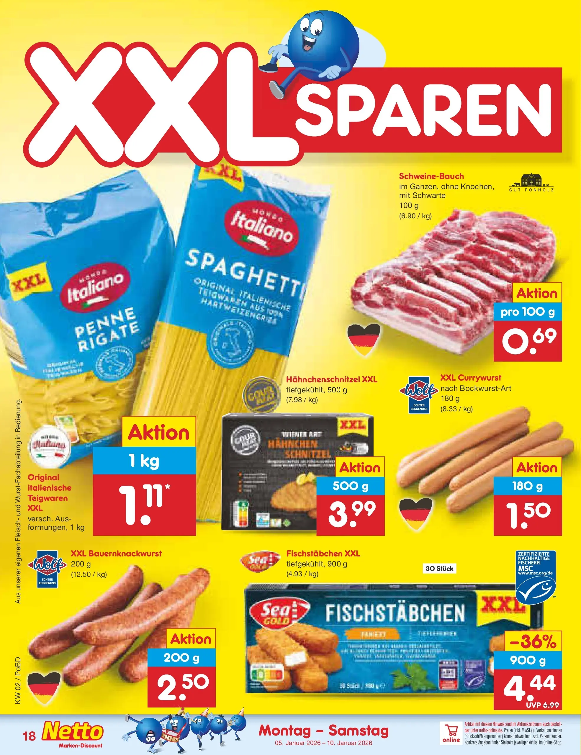 Netto Marken-Discount prospekt Selb	 (ab 04.01.2026) » Angebote | Seite: 18 | Produkte: Hahnchen, Schweinebauch, Schnitzel, Fischstabchen