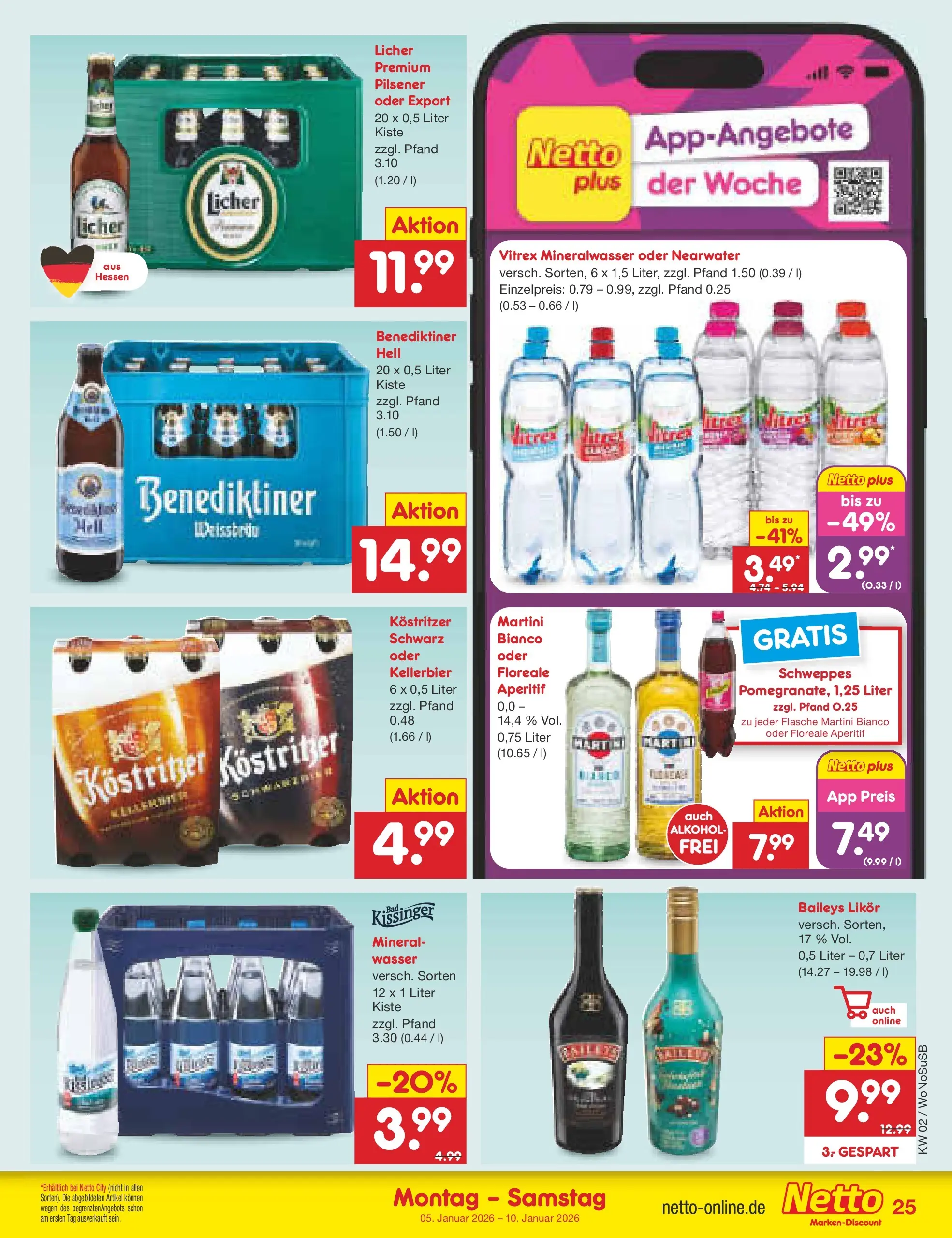 Netto Marken-Discount prospekt Mannheim	 (ab 04.01.2026) » Angebote | Seite: 25 | Produkte: Martini, Likör, Schweppes, Benediktiner hell