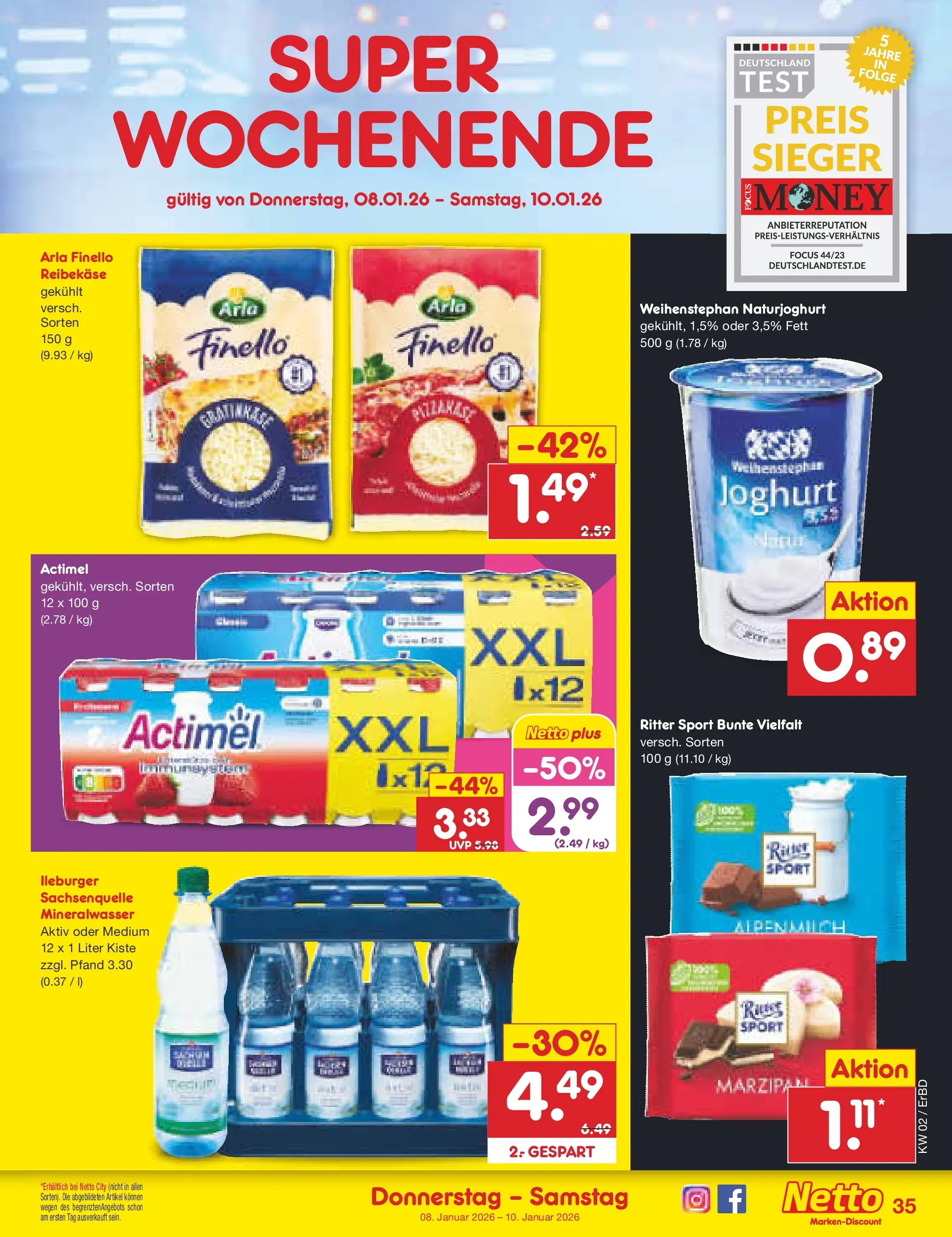 Netto Marken-Discount prospekt Jena-Lobeda	 (ab 04.01.2026) » Angebote | Seite: 39 | Produkte: Actimel, Ritter sport, Mineralwasser, Reibekase