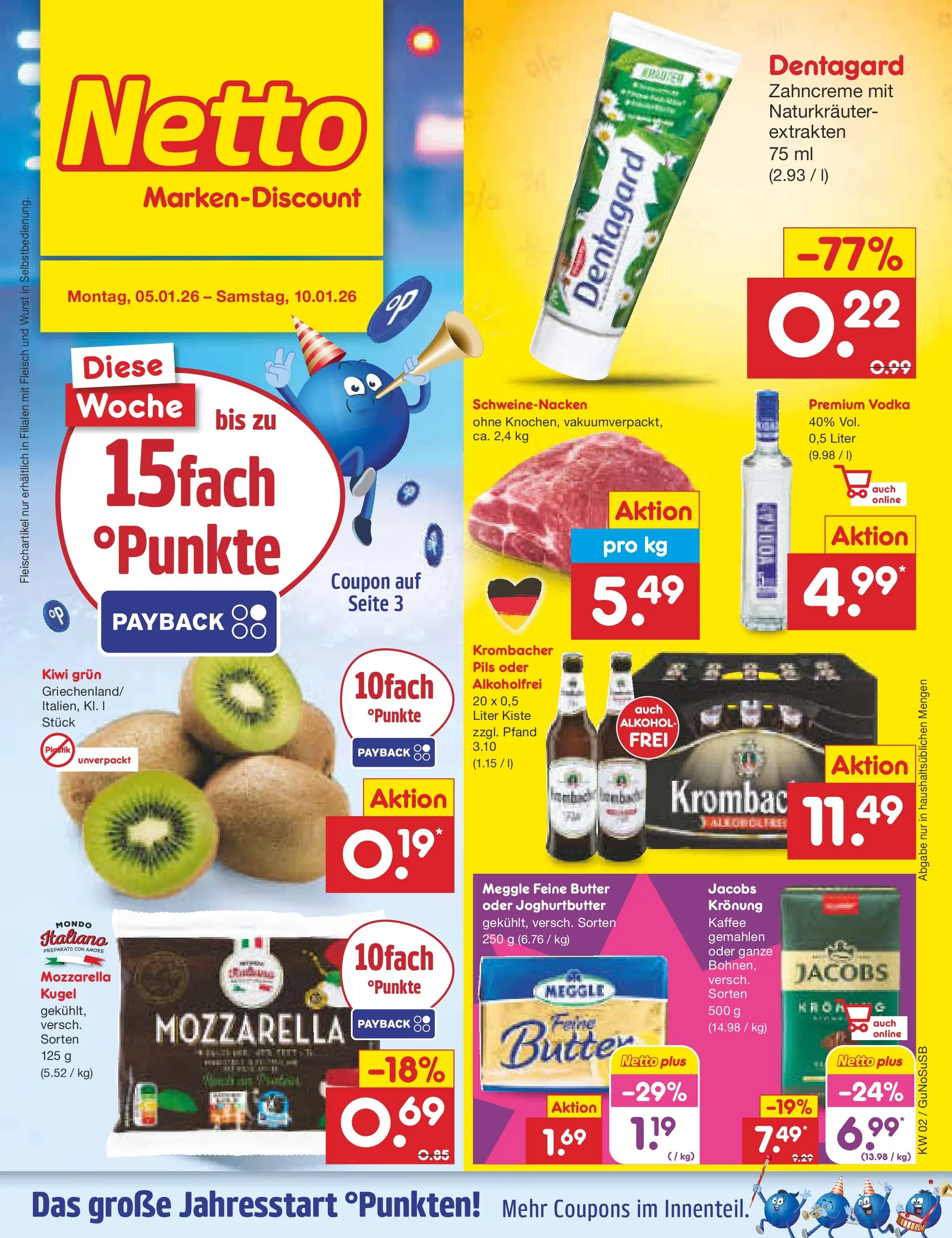 Netto Marken-Discount prospekt Machern	 (ab 04.01.2026) » Angebote | Seite: 1 | Produkte: Schweinenacken, Wurst, Krombacher, Kiwi