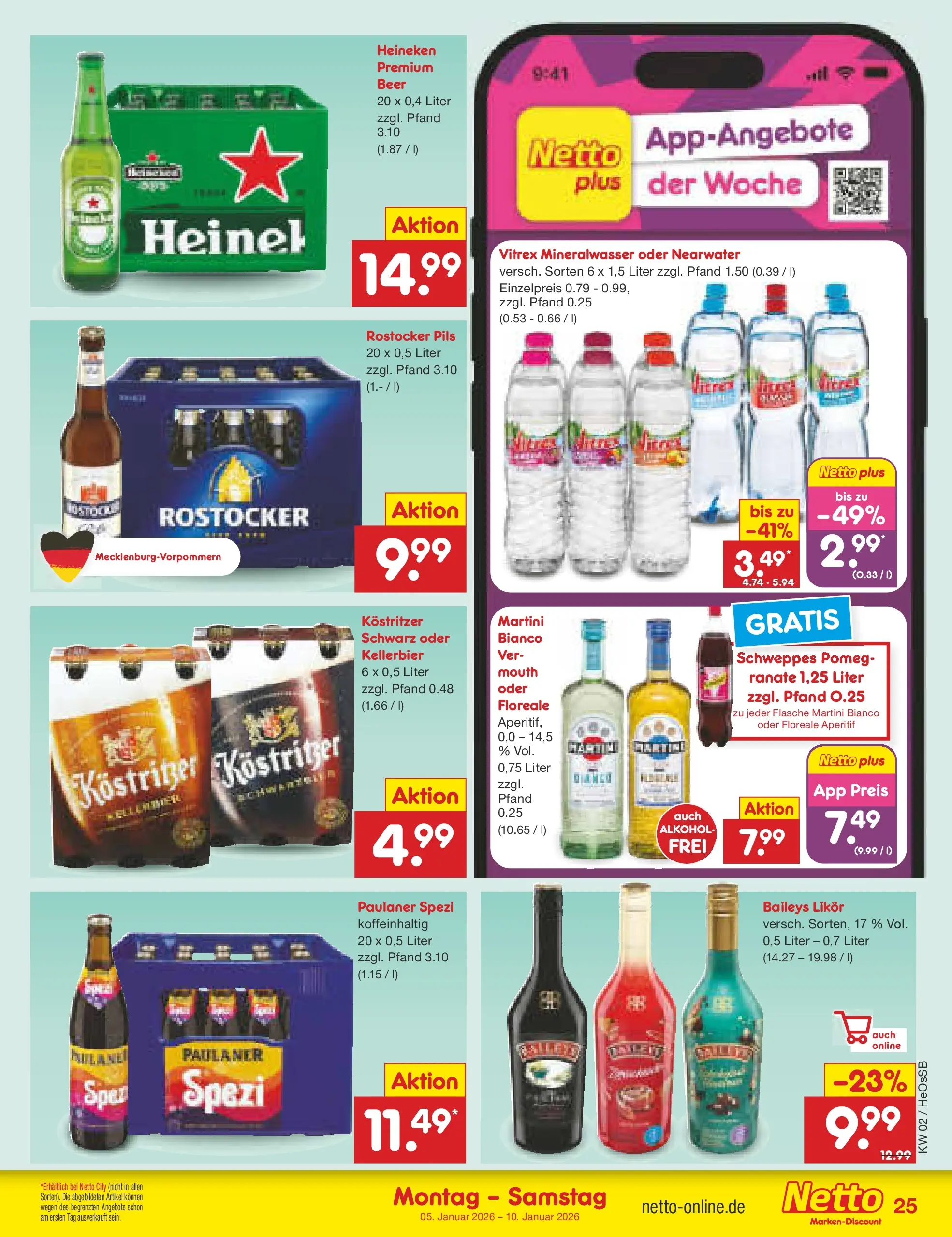 Netto Marken-Discount prospekt Kröpelin	 (ab 04.01.2026) » Angebote | Seite: 25 | Produkte: Paulaner spezi, Schweppes, Mineralwasser, Baileys