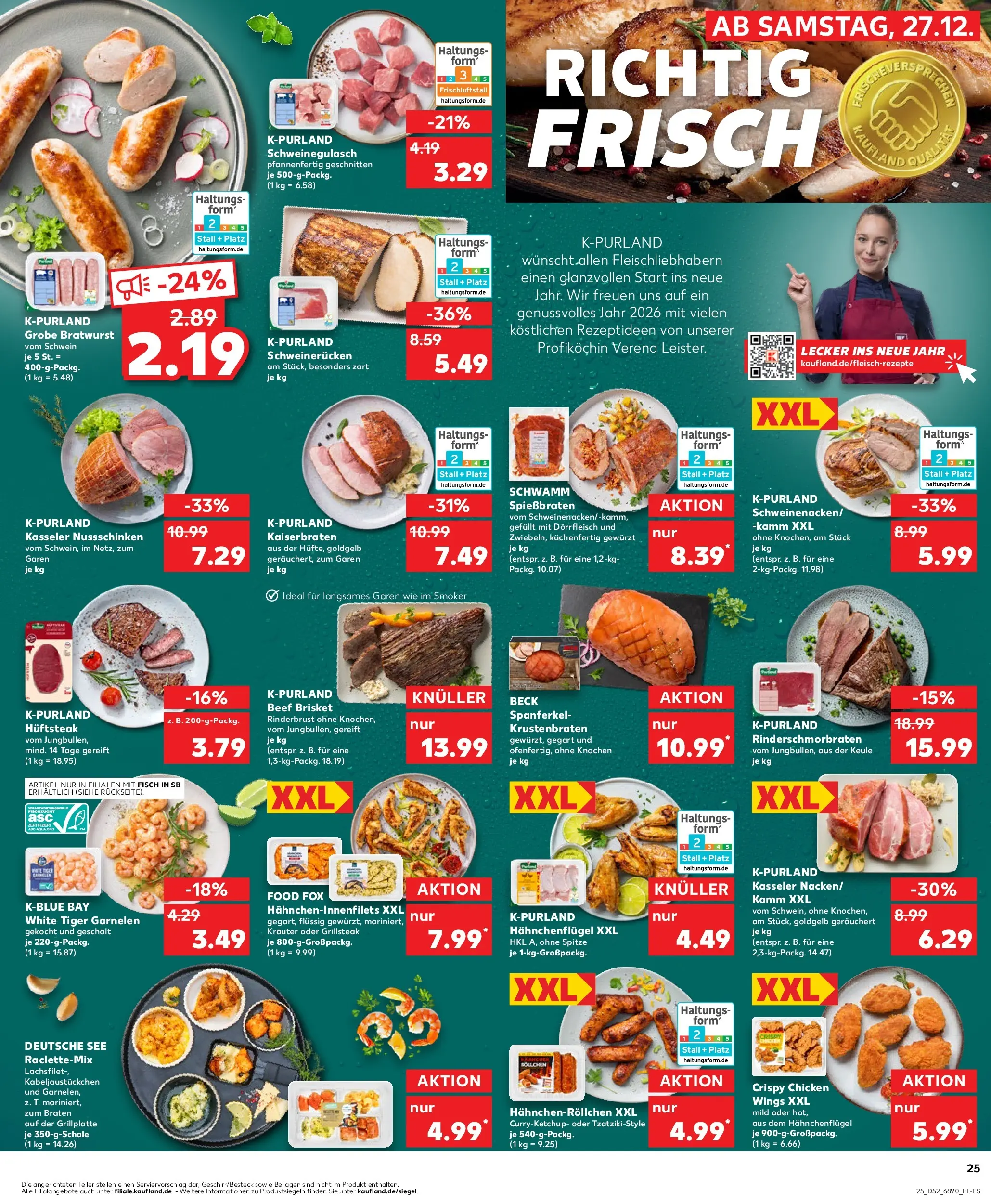 Prospekt Kaufland ab 28.12.2025 » Angebote Online zum Blättern | Seite: 25 | Produkte: Schweinegulasch, Krustenbraten, Fisch, Tiger garnelen