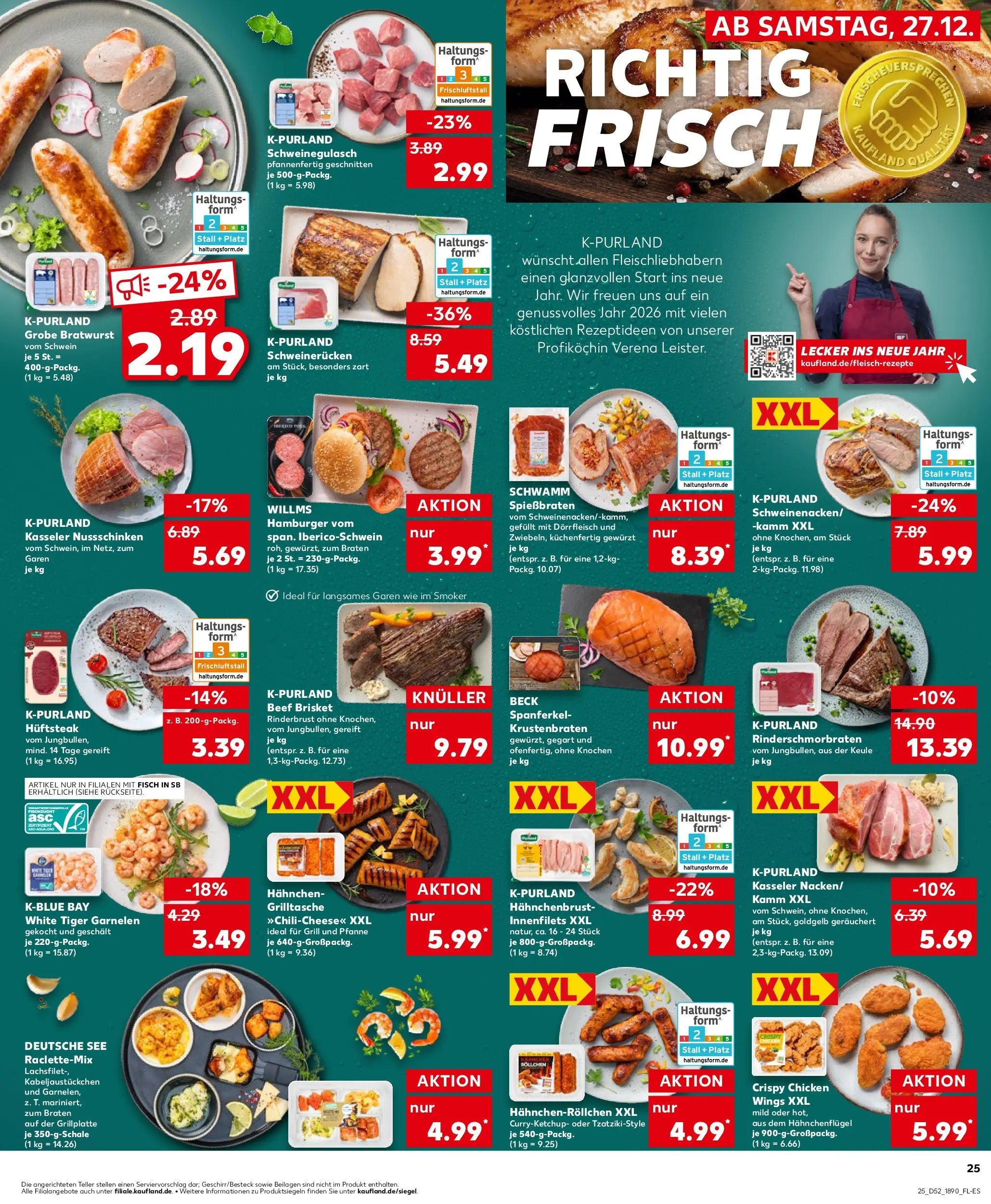 Prospekt Kaufland ab 28.12.2025 » Angebote Online zum Blättern | Seite: 25 | Produkte: Schweinegulasch, Krustenbraten, Fisch, Hahnchenbrust