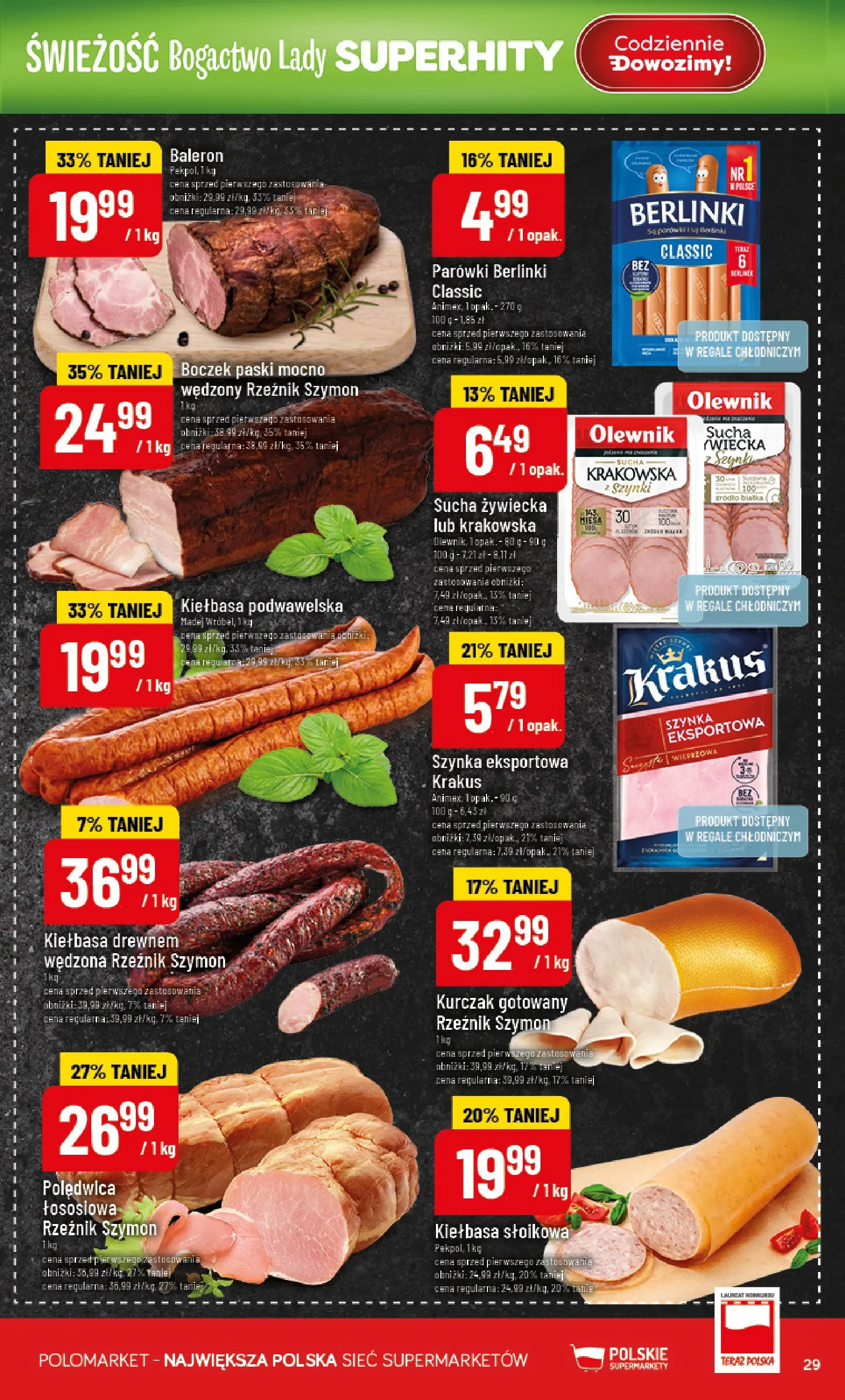 Nowa POLOmarket gazetka od jutra 01.01.2026 (PDF) | Strona: 29 | Produkty: Kiełbasa, Parówki, Szynka, Boczek