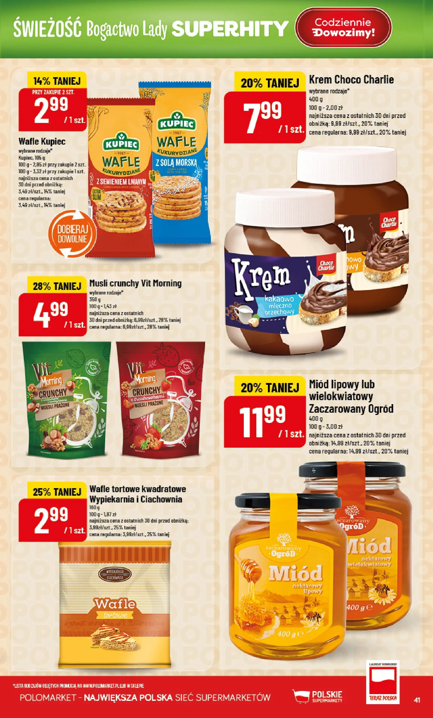 Nowa POLOmarket gazetka od jutra 01.01.2026 (PDF) | Strona: 41 | Produkty: Miód, Wafle, Wafle tortowe, Musli