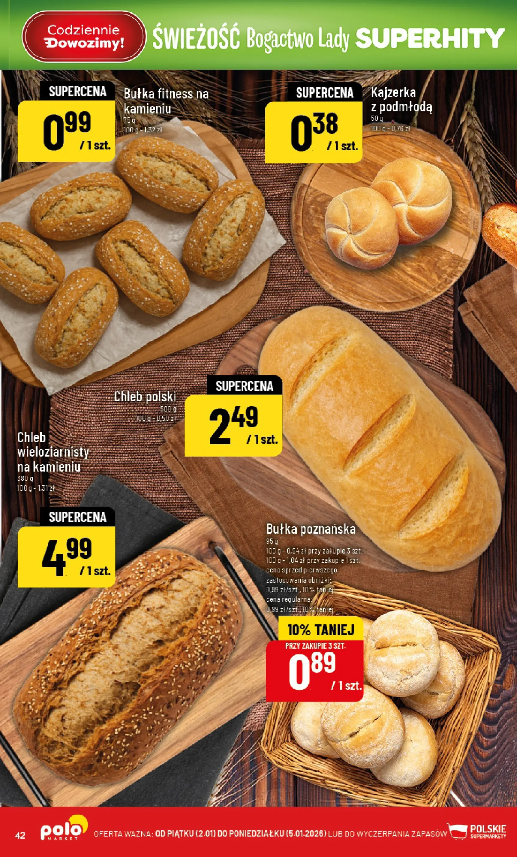 Nowa POLOmarket gazetka od jutra 01.01.2026 (PDF) | Strona: 42 | Produkty: Bułka fitness, Bułka, Chleb, Bułka poznańska