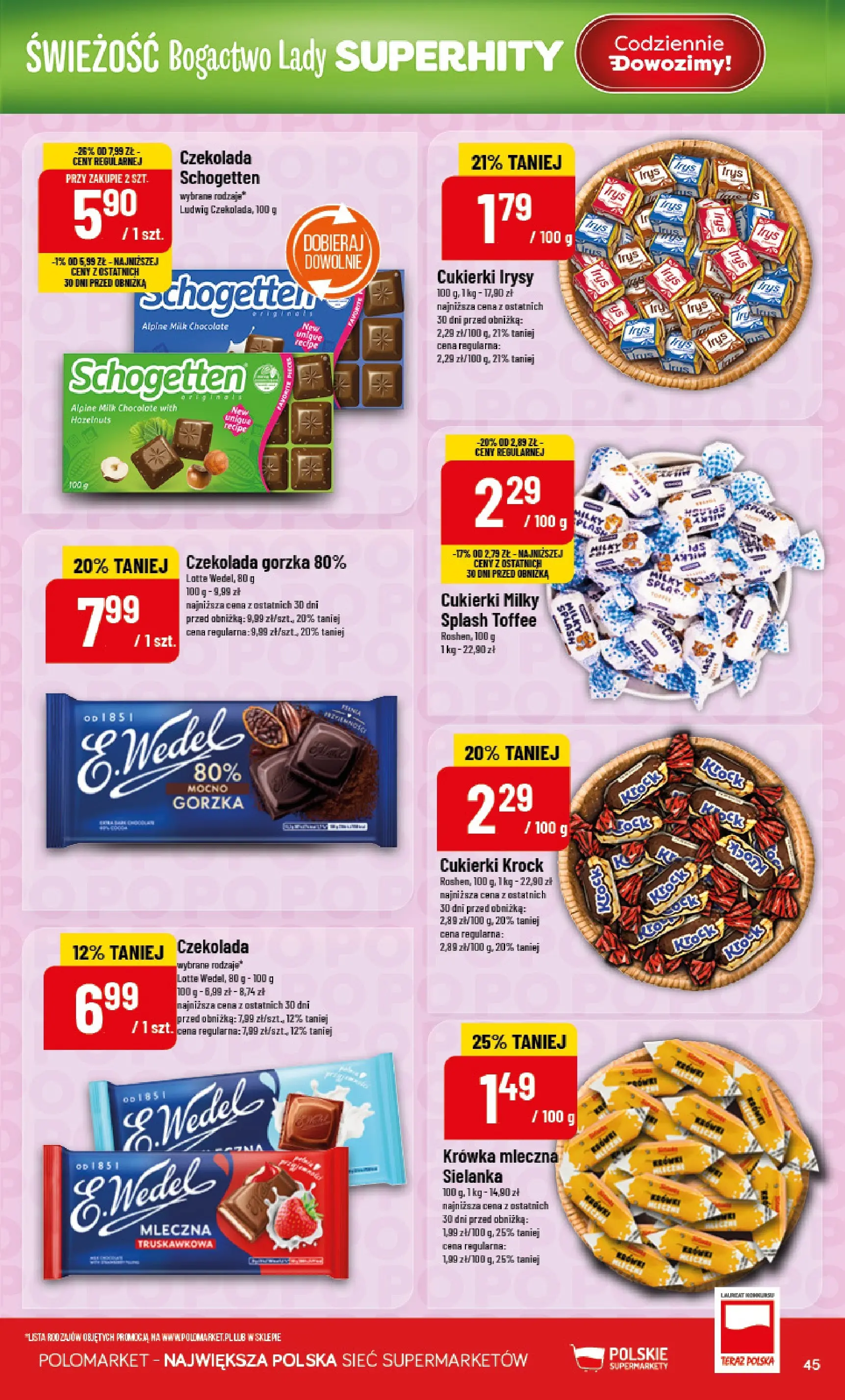 Nowa POLOmarket gazetka od jutra 01.01.2026 (PDF) | Strona: 45 | Produkty: Czekolada gorzka, Krowka, Czekolada, Cukierki