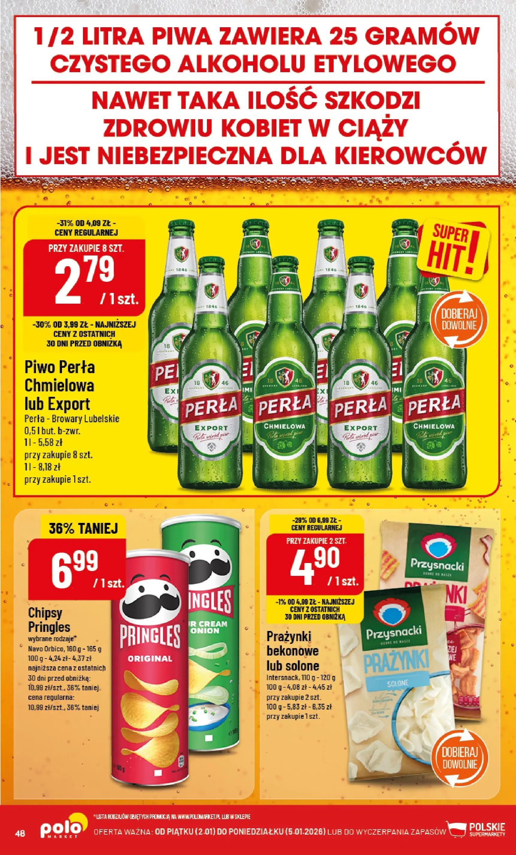 Nowa POLOmarket gazetka od jutra 01.01.2026 (PDF) | Strona: 48 | Produkty: Chipsy, Piwo perła, Piwo, Pringles