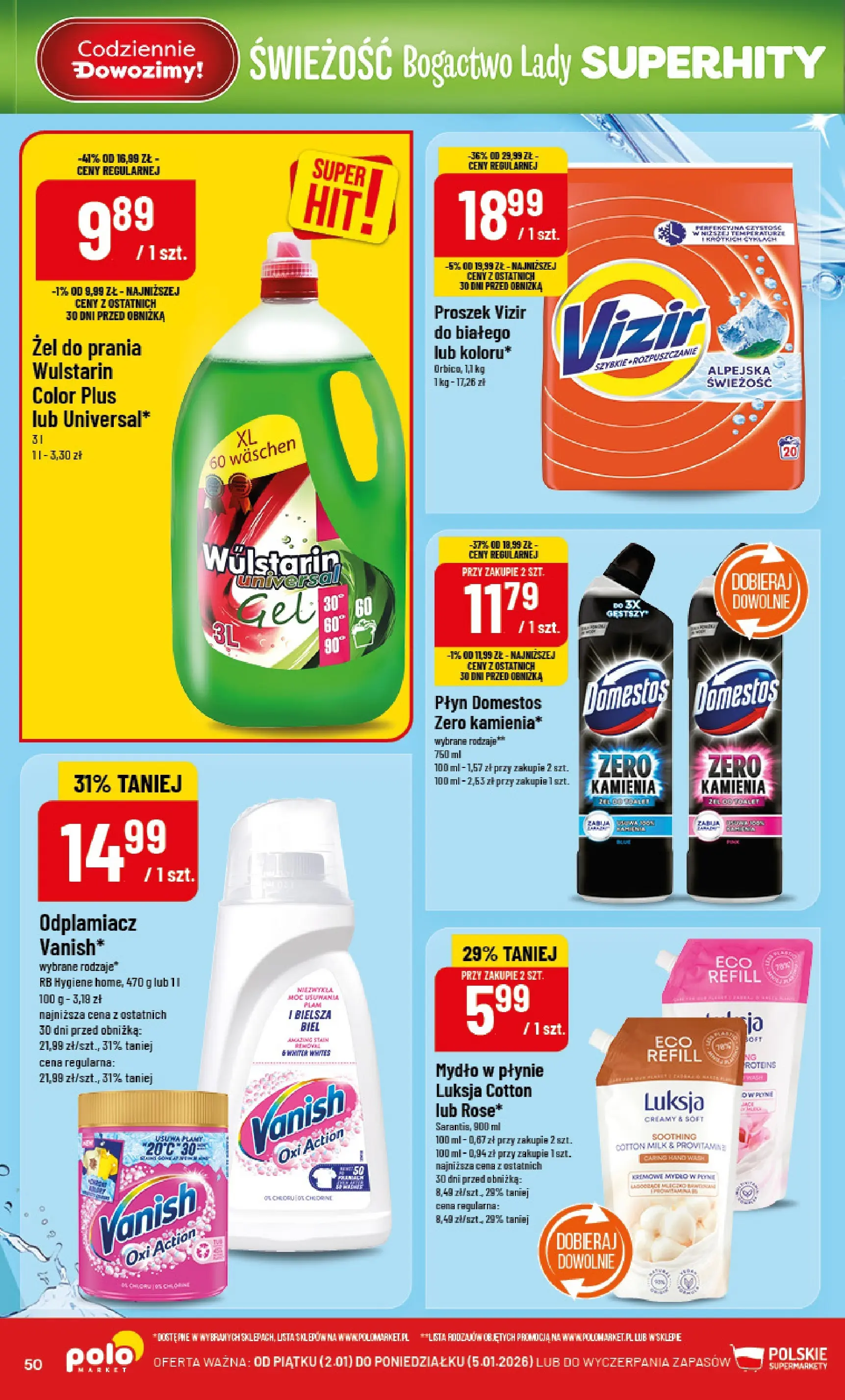 Nowa POLOmarket gazetka od jutra 01.01.2026 (PDF) | Strona: 50 | Produkty: Vanish, Mydło w płynie, Domestos, Odplamiacz