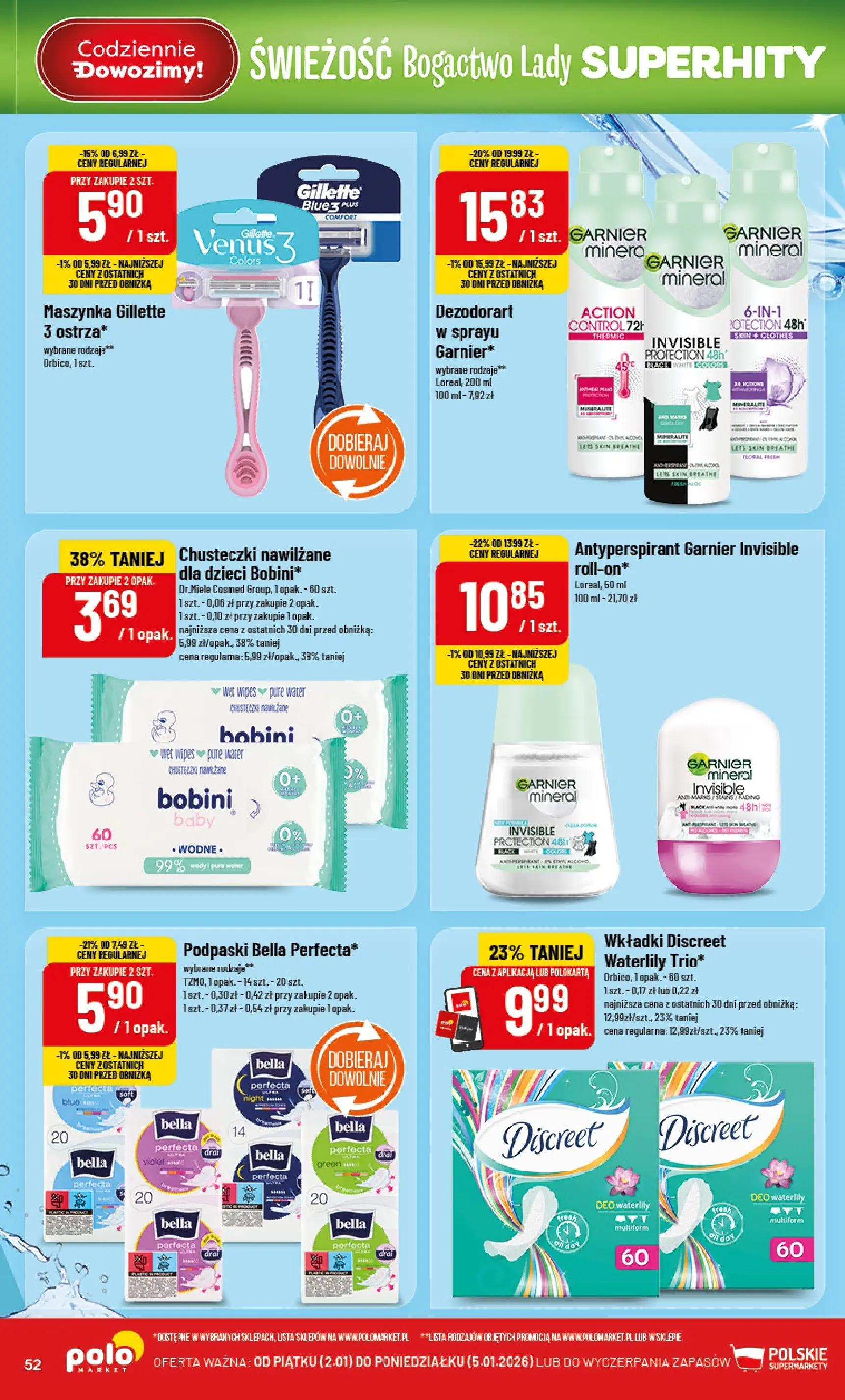 Nowa POLOmarket gazetka od jutra 01.01.2026 (PDF) | Strona: 52 | Produkty: Gillette, Podpaski bella, Podpaski, Antyperspirant