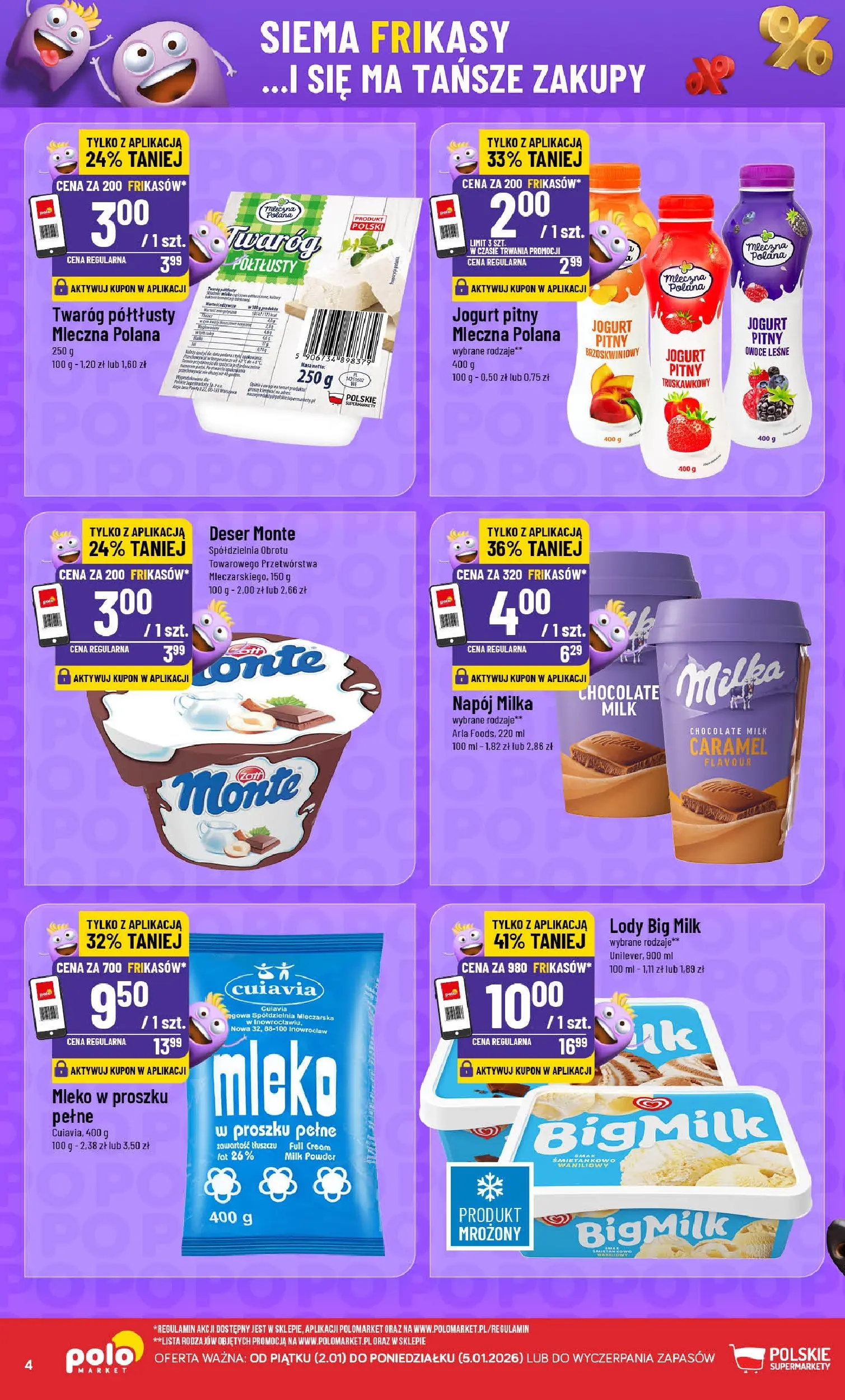 Nowa POLOmarket gazetka od jutra 01.01.2026 (PDF) | Strona: 4 | Produkty: Mleko w proszku, Jogurt pitny, Mleko, Lody