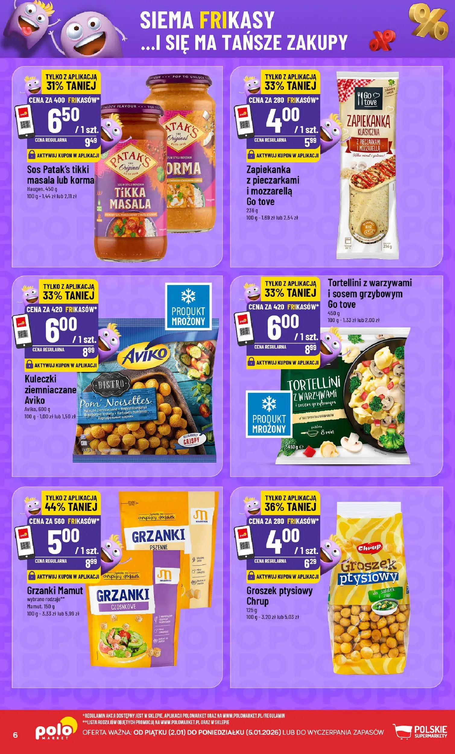 Nowa POLOmarket gazetka od jutra 01.01.2026 (PDF) | Strona: 6 | Produkty: Kuleczki ziemniaczane, Tortellini, Mozzarella, Sos