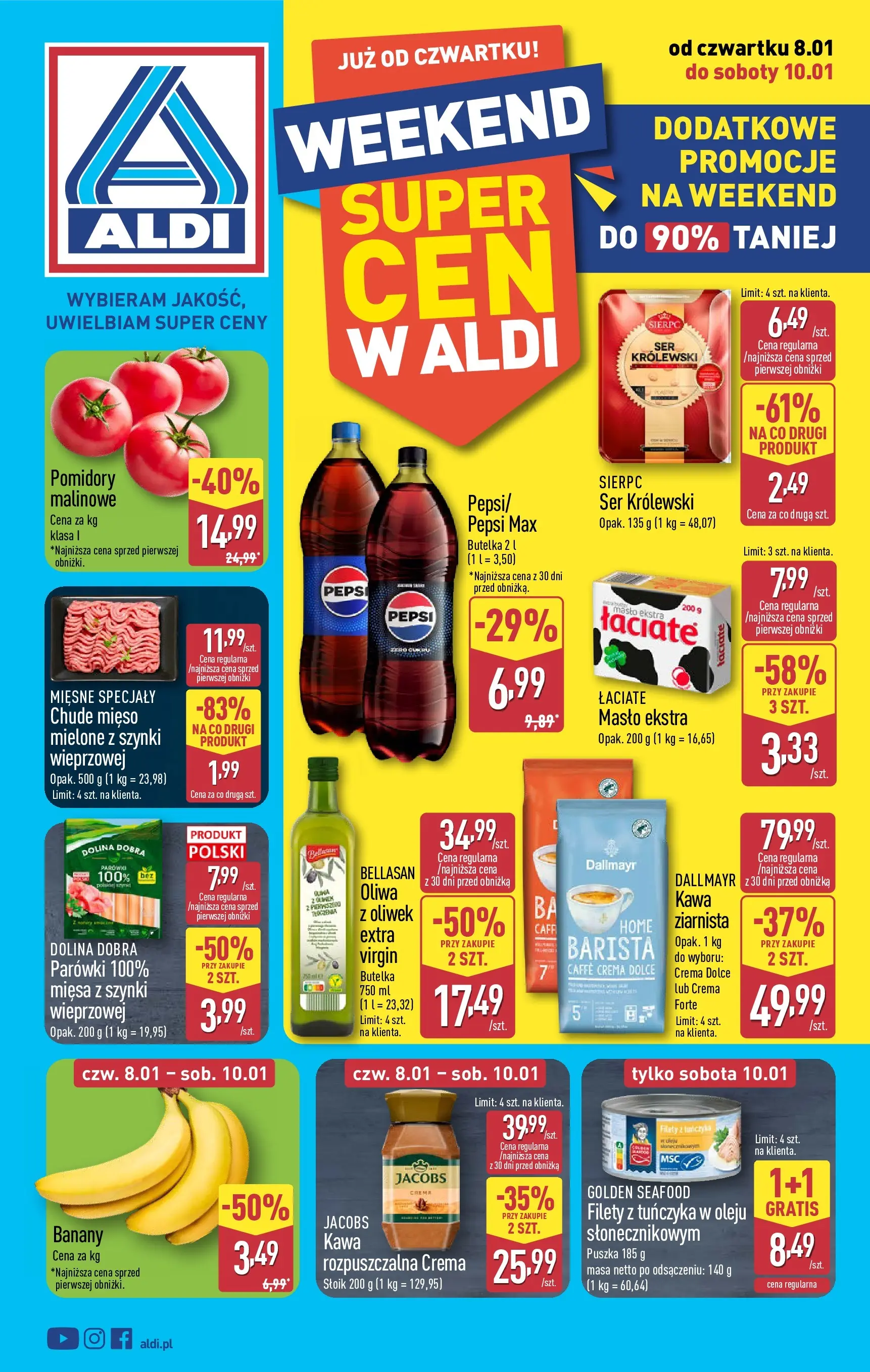 Aldi Gazetka - Okazje na weekend od 08.01.2026 - Ulotka PDF, promocje | Strona: 1 | Produkty: Masło, Ser, Kawa, Pomidory
