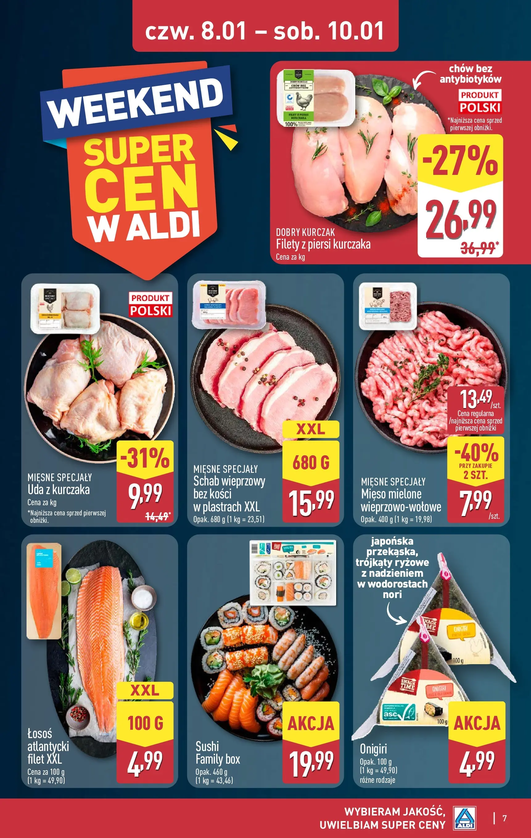 Aldi Gazetka - Okazje na weekend od 08.01.2026 - Ulotka PDF, promocje | Strona: 7 | Produkty: Kurczak, Schab, Schab wieprzowy, Sushi