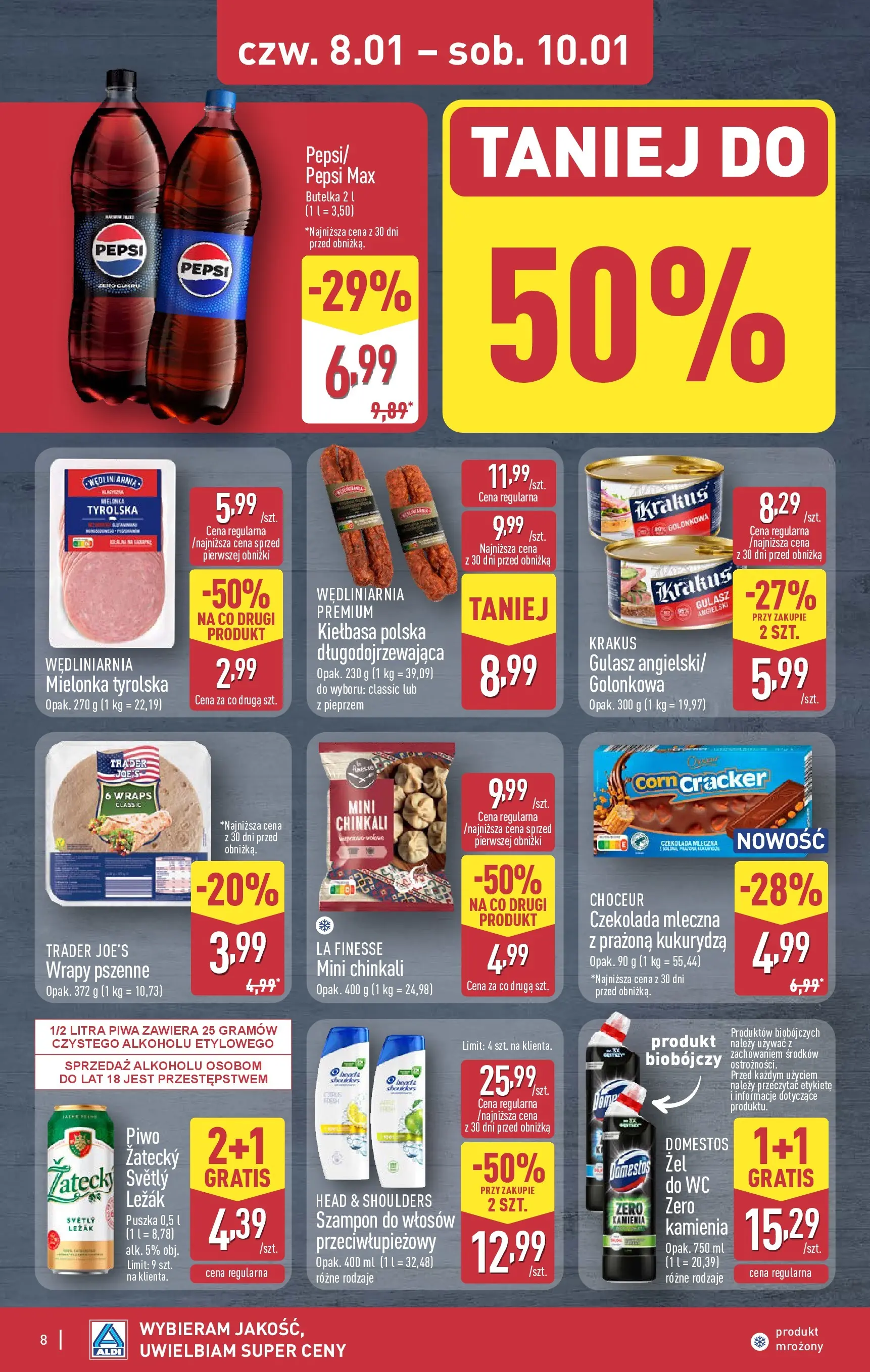Aldi Gazetka - Okazje na weekend od 08.01.2026 - Ulotka PDF, promocje | Strona: 8 | Produkty: Kiełbasa, Pepsi, Szampon, Gulasz