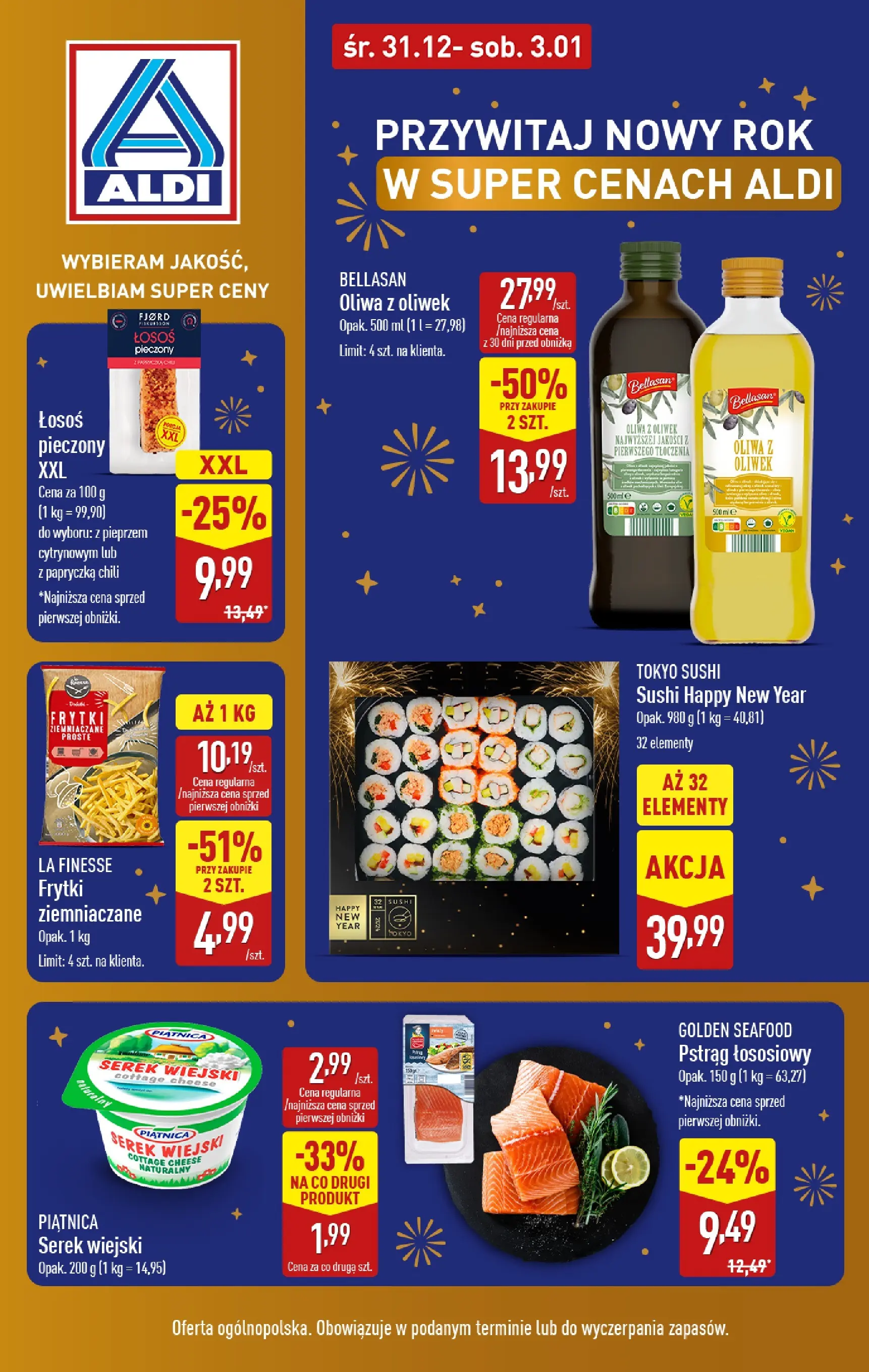 Aldi - Przywitaj Nowy Rok z ALDI! od 31.12.2025 - Ulotka PDF, promocje | Strona: 1 | Produkty: Oliwa z oliwek, Serek, Pstrąg łososiowy, Łosoś
