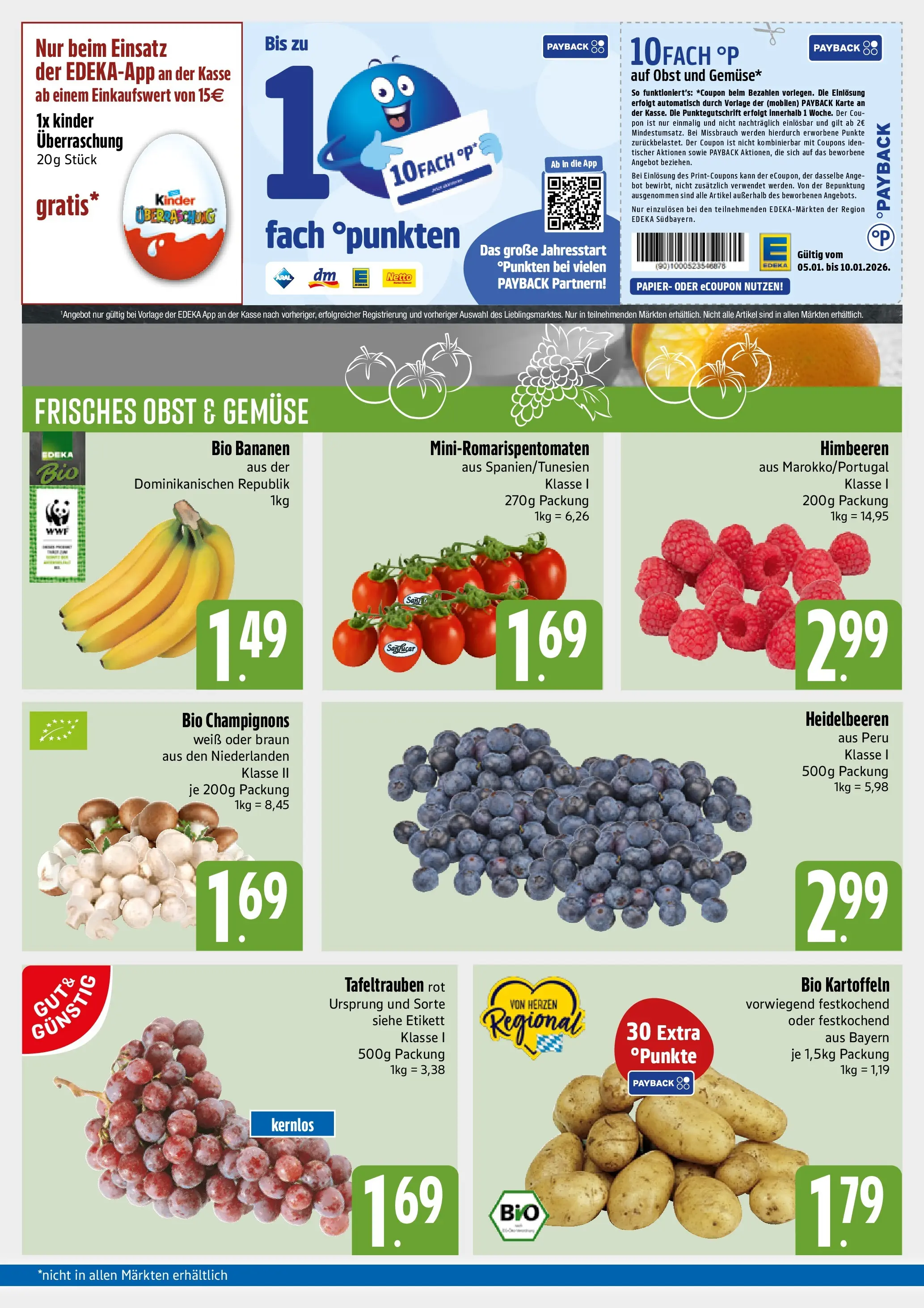 Entdecke - E xpress: Wochenangebote (ab 04.01.2026) zum Blättern | Seite: 3 | Produkte: Bananen, Heidelbeeren, Champignons, Obst
