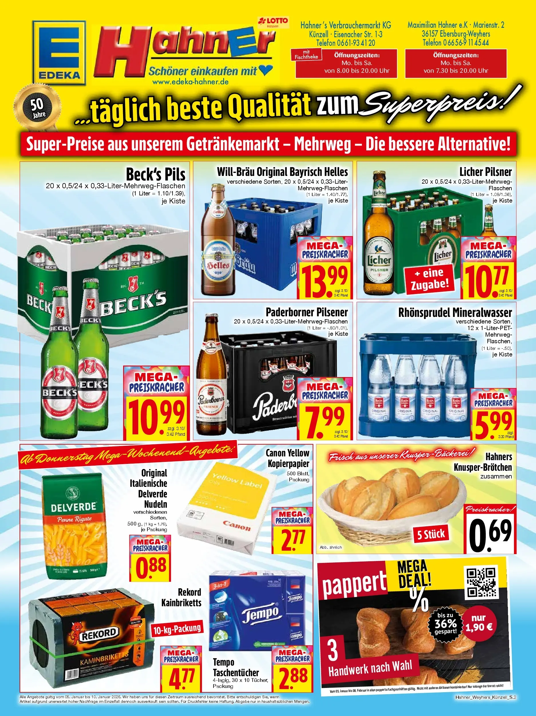 Entdecke - Edeka Hahner: Wochenangebote (ab 28.12.2025) zum Blättern | Seite: 2 | Produkte: Bäckerei, Tempo, Telefon, Uhr