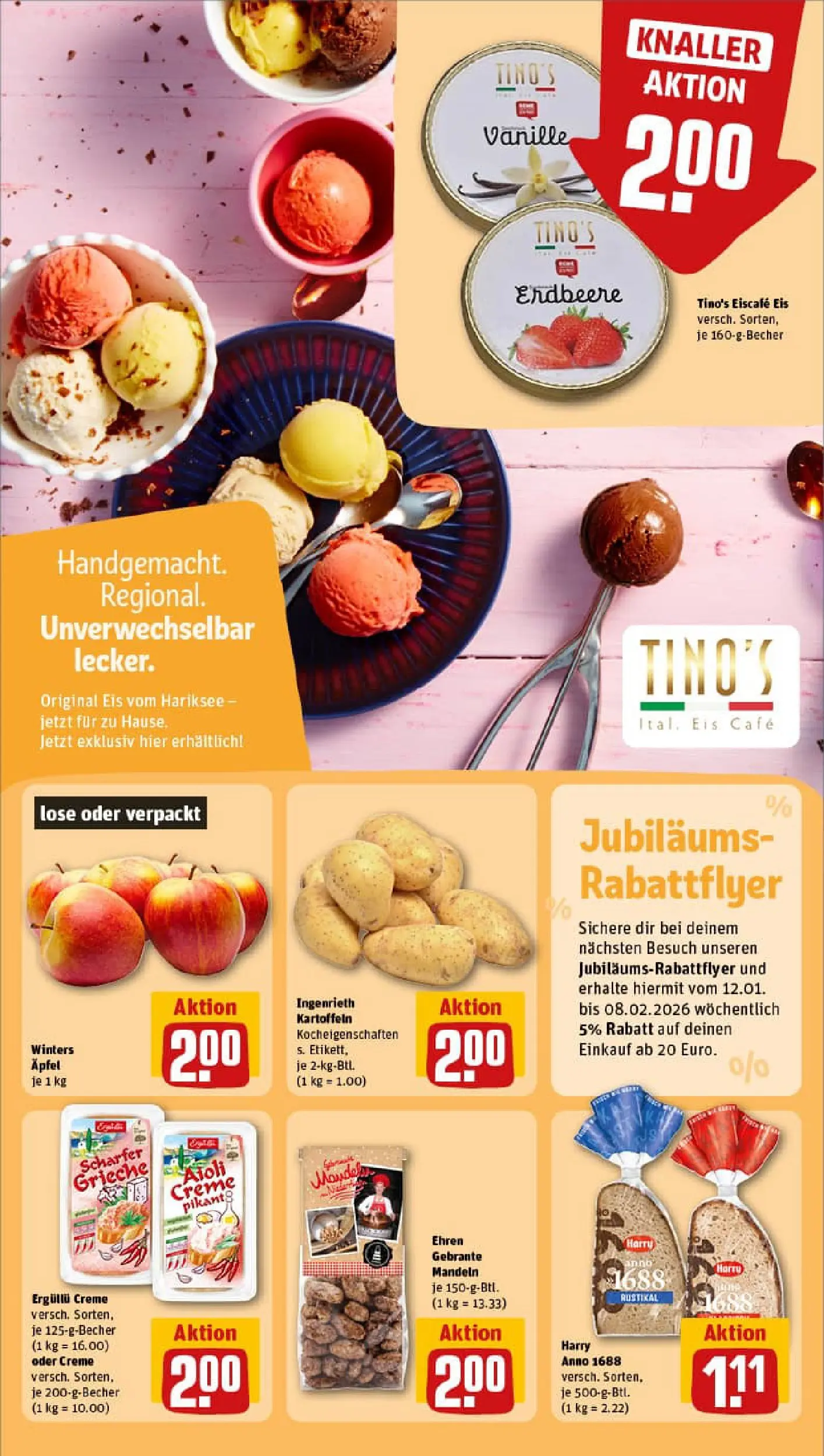 REWE Prospekt ab 04.01.2026 zum Blättern » Angebote | Seite: 23 | Produkte: Mandeln, Creme, Kartoffeln, Eis