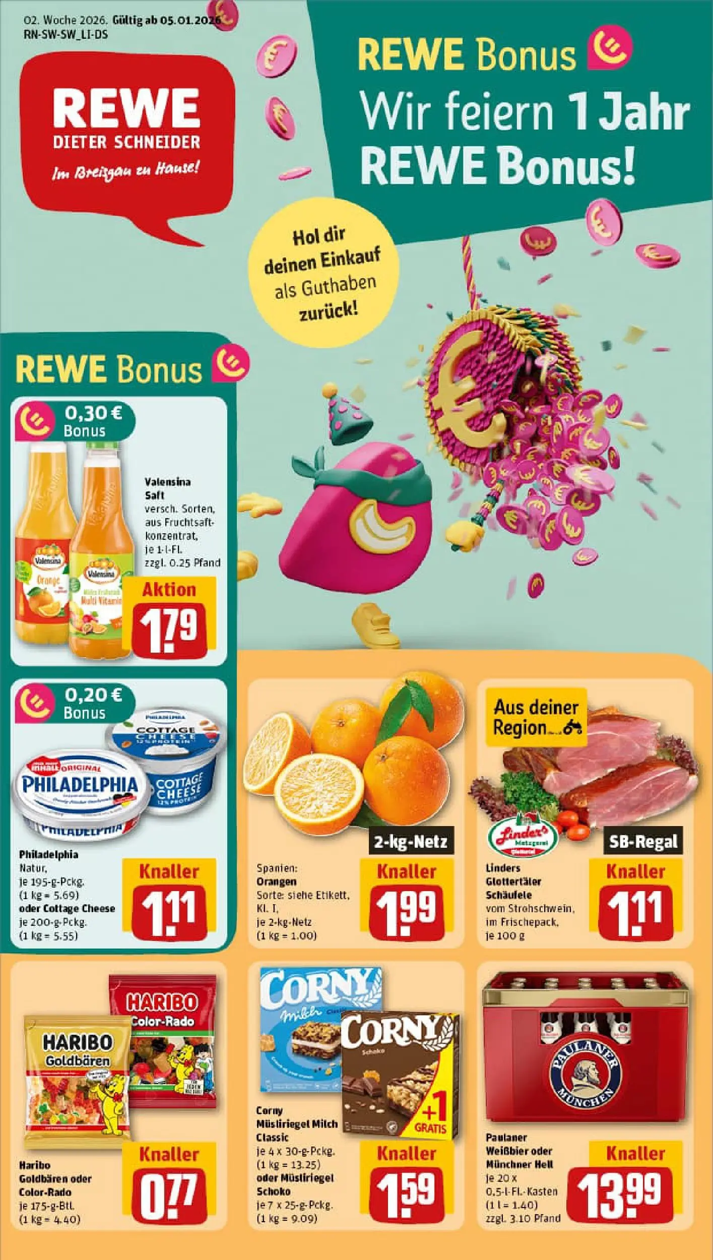 REWE Prospekt ab 04.01.2026 zum Blättern » Angebote | Seite: 1 | Produkte: Haribo, Philadelphia, Fruchtsaft, Paulaner