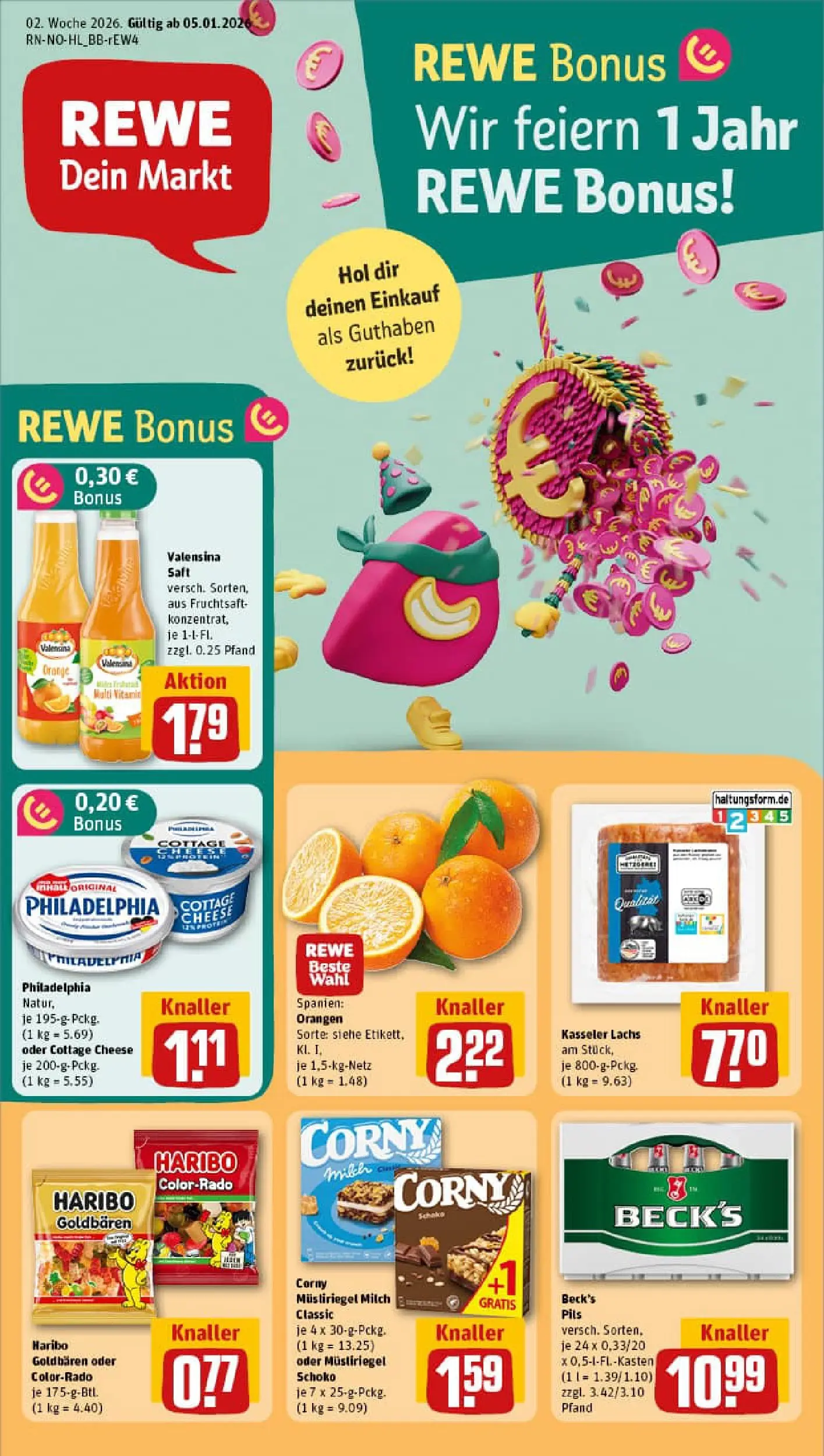 REWE Prospekt ab 04.01.2026 zum Blättern » Angebote | Seite: 1 | Produkte: Philadelphia, Pils, Saft, Fruchtsaft