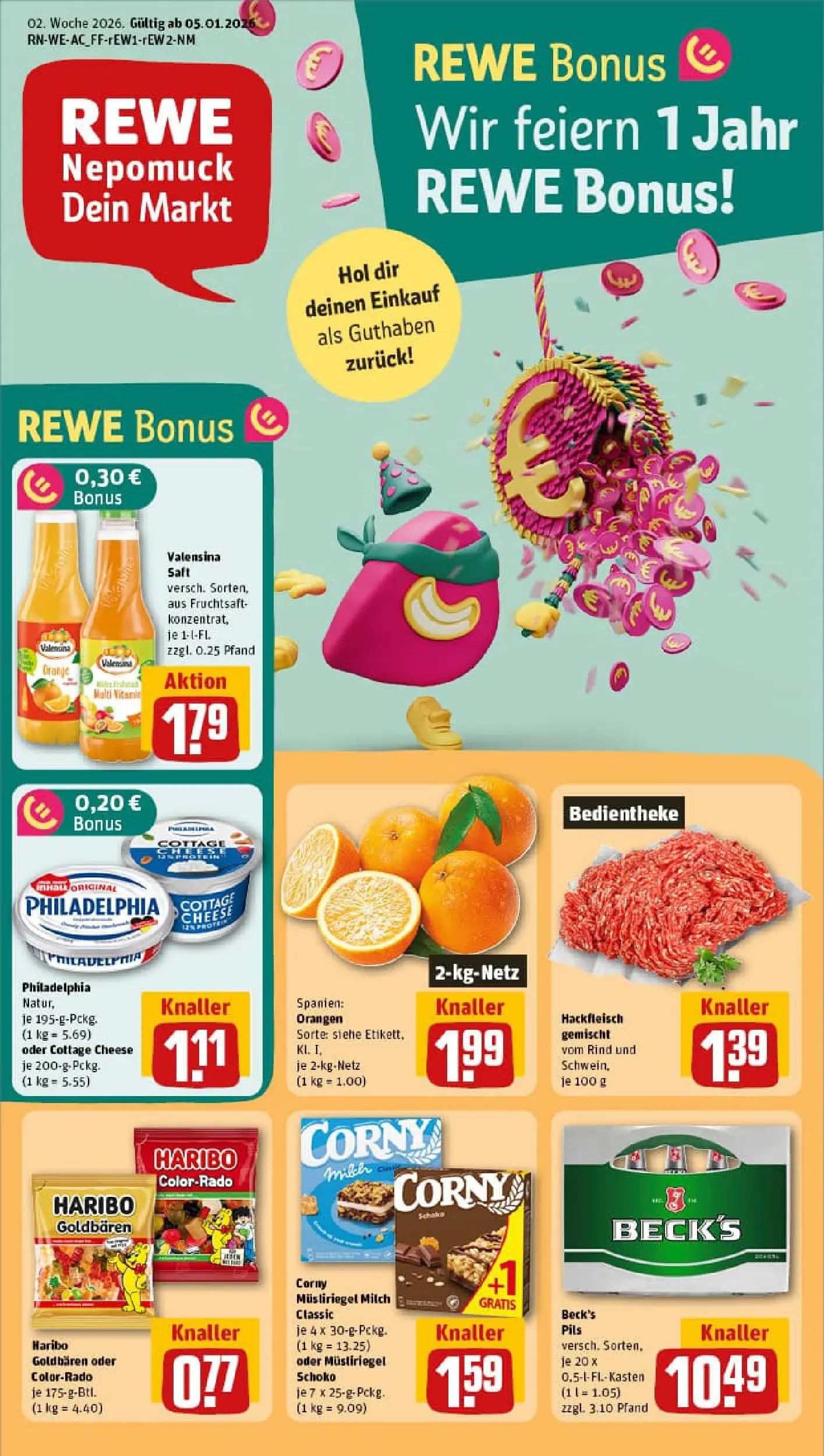 REWE Prospekt ab 04.01.2026 zum Blättern » Angebote | Seite: 1 | Produkte: Philadelphia, Pils, Orangen, Hackfleisch