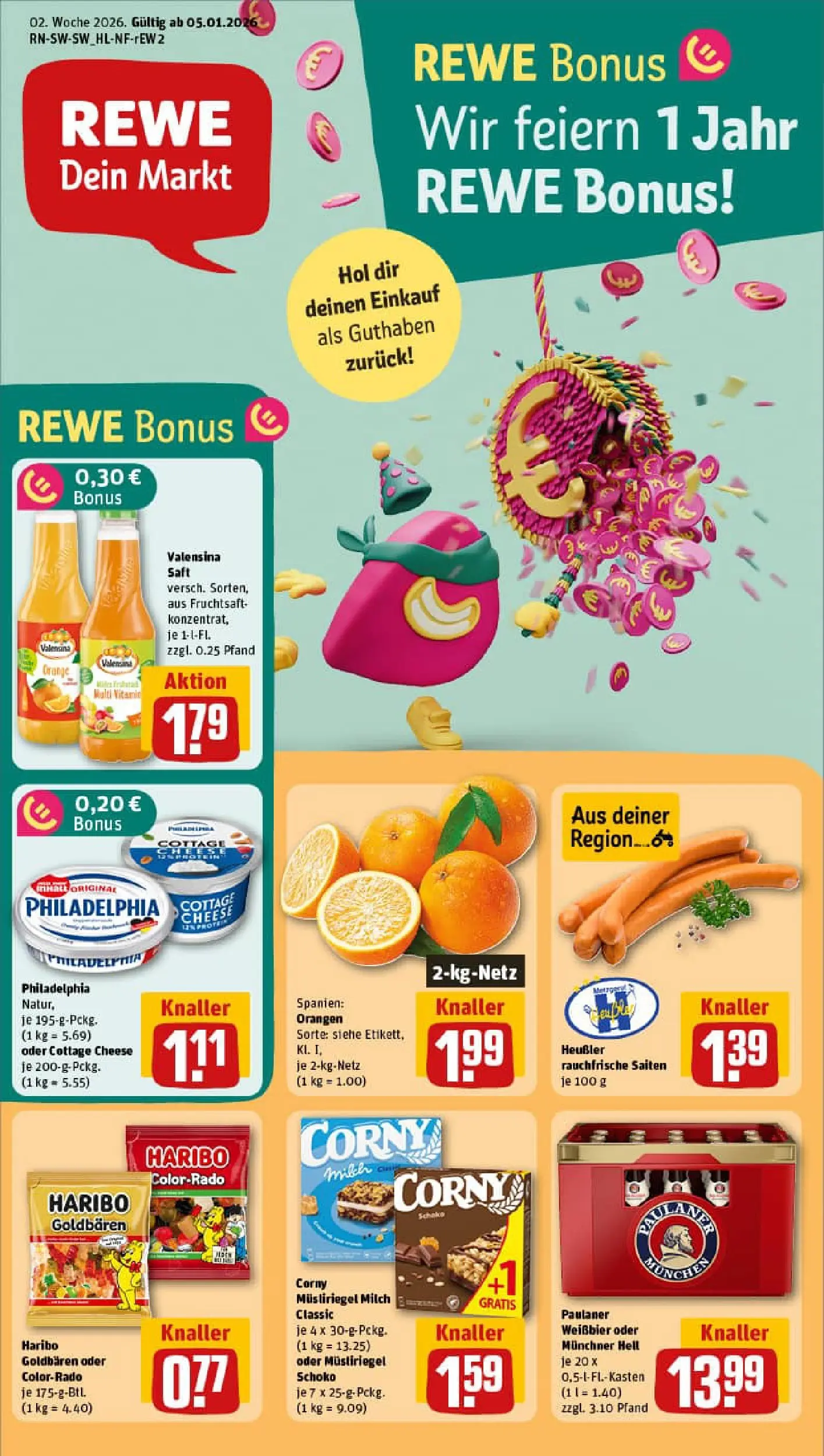 REWE Prospekt ab 04.01.2026 zum Blättern » Angebote | Seite: 1 | Produkte: Milch, Philadelphia, Valensina, Saft