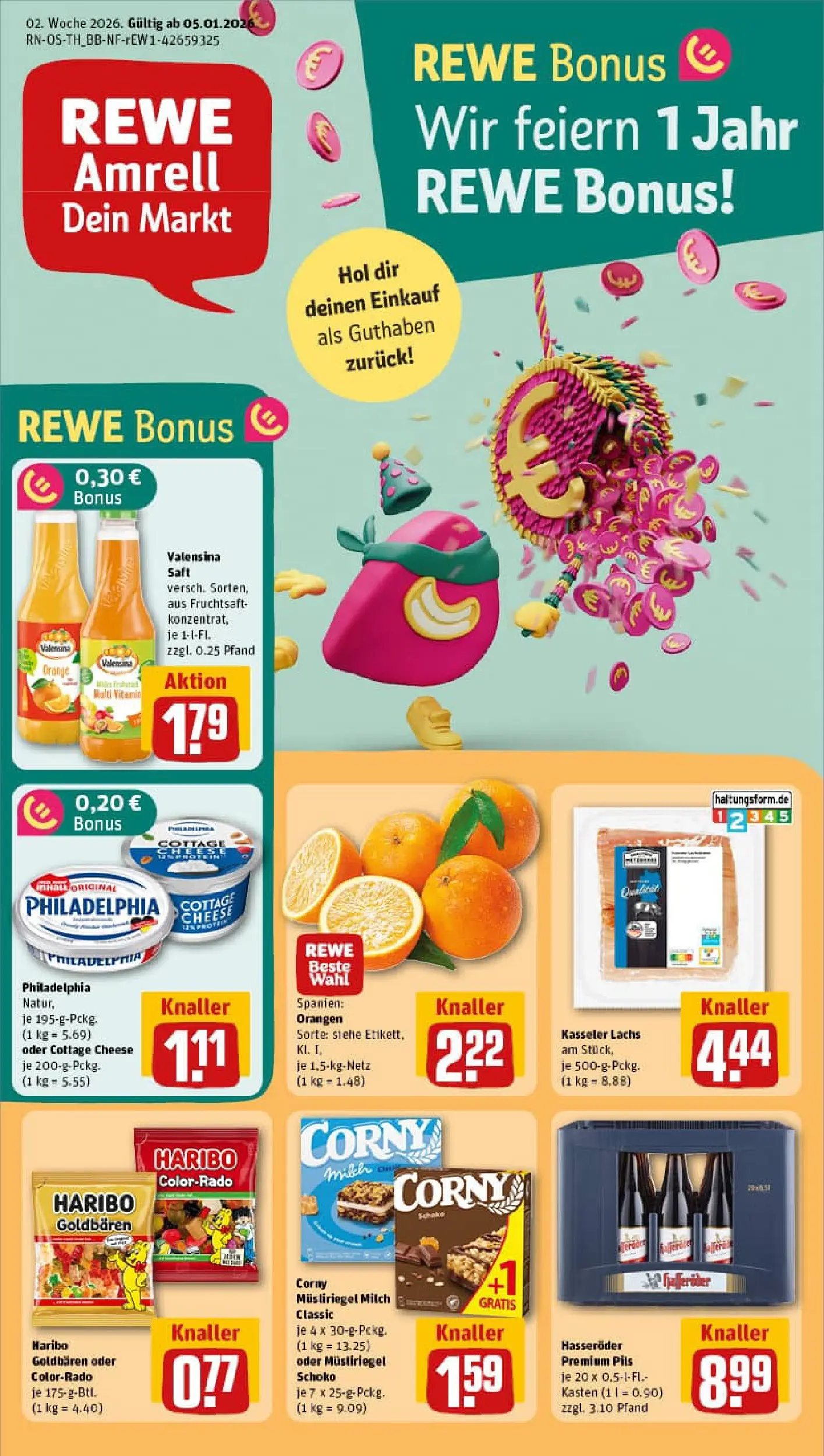 REWE Prospekt ab 04.01.2026 zum Blättern » Angebote | Seite: 1 | Produkte: Milch, Valensina, Saft, Hasseröder