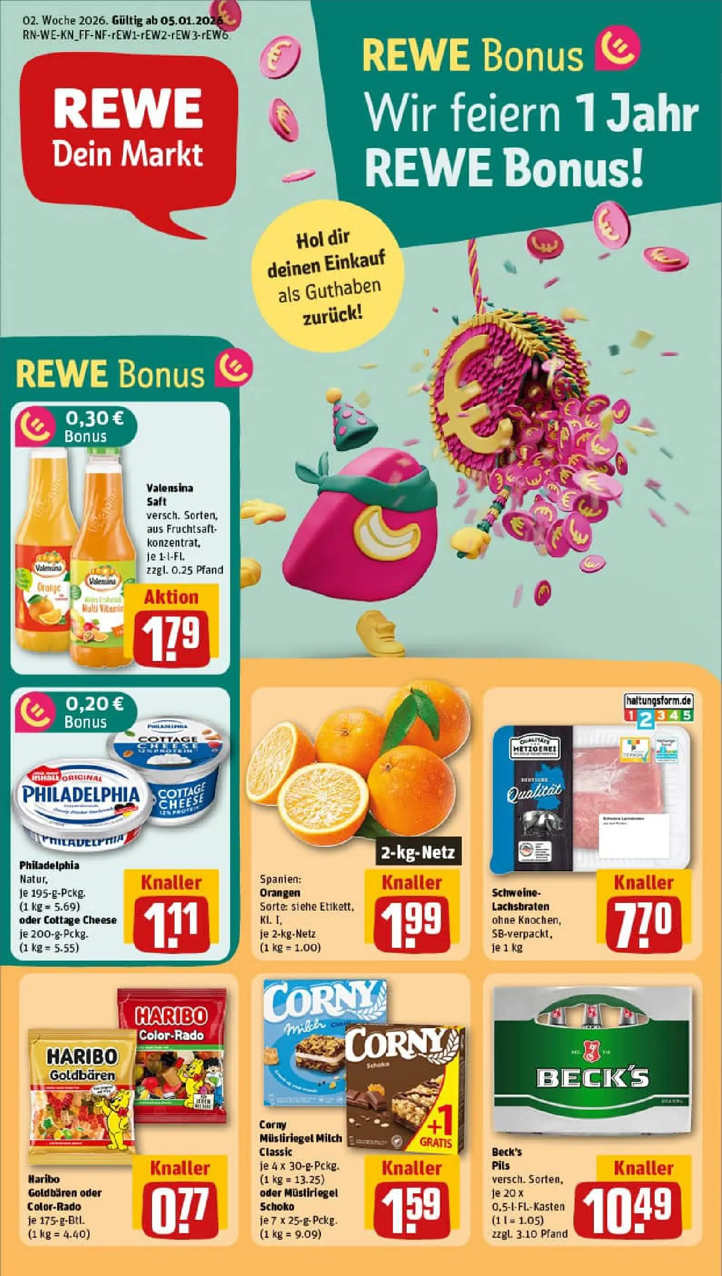 REWE Prospekt ab 04.01.2026 zum Blättern » Angebote | Seite: 1 | Produkte: Haribo, Milch, Orangen, Valensina