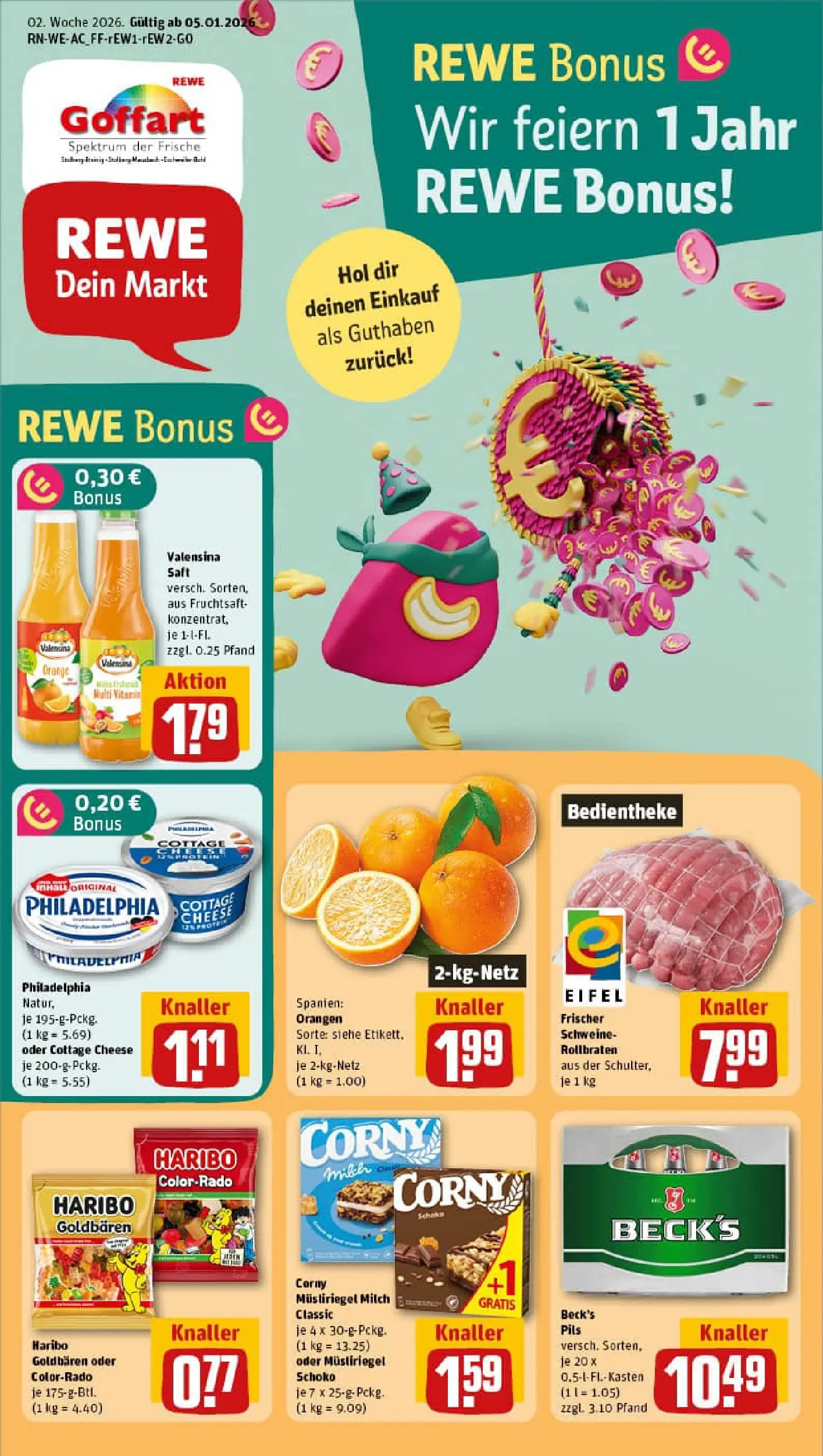 REWE Prospekt ab 04.01.2026 zum Blättern » Angebote | Seite: 1 | Produkte: Haribo, Philadelphia, Pils, Valensina