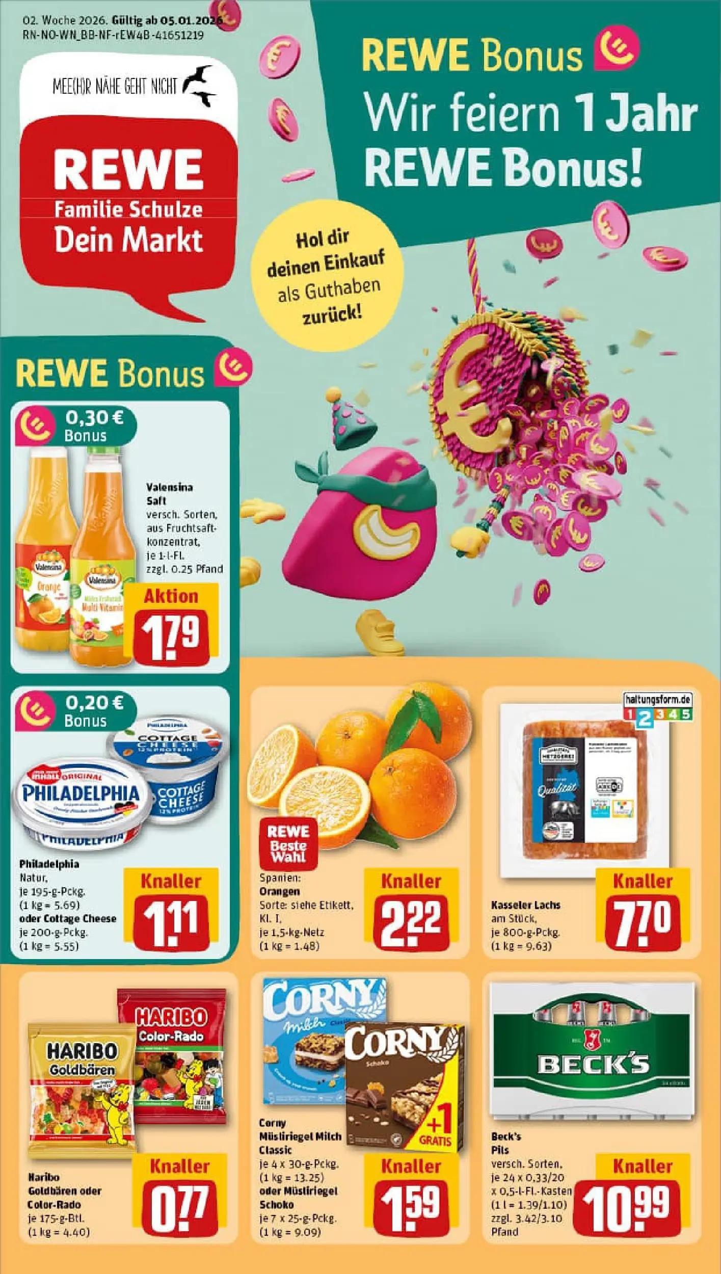 REWE Prospekt ab 04.01.2026 zum Blättern » Angebote | Seite: 1 | Produkte: Philadelphia, Valensina, Saft, Fruchtsaft
