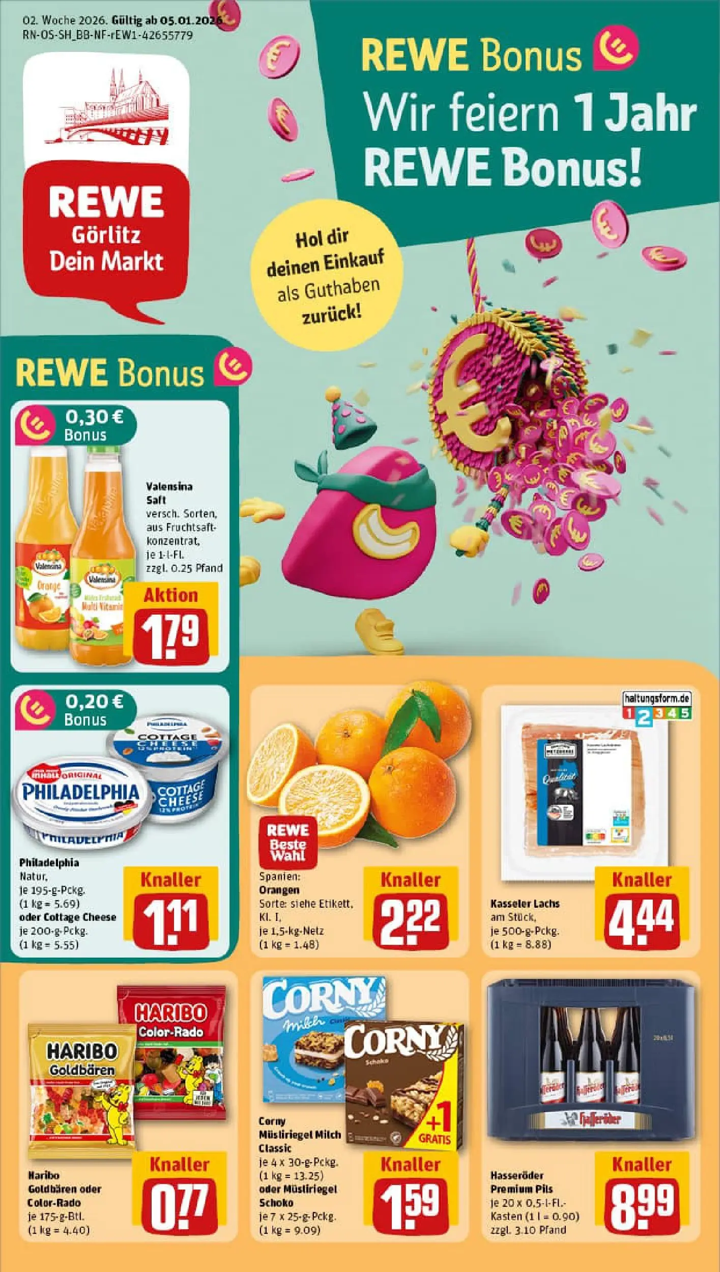 REWE Prospekt ab 04.01.2026 zum Blättern » Angebote | Seite: 1 | Produkte: Pils, Orangen, Hasseröder, Fruchtsaft