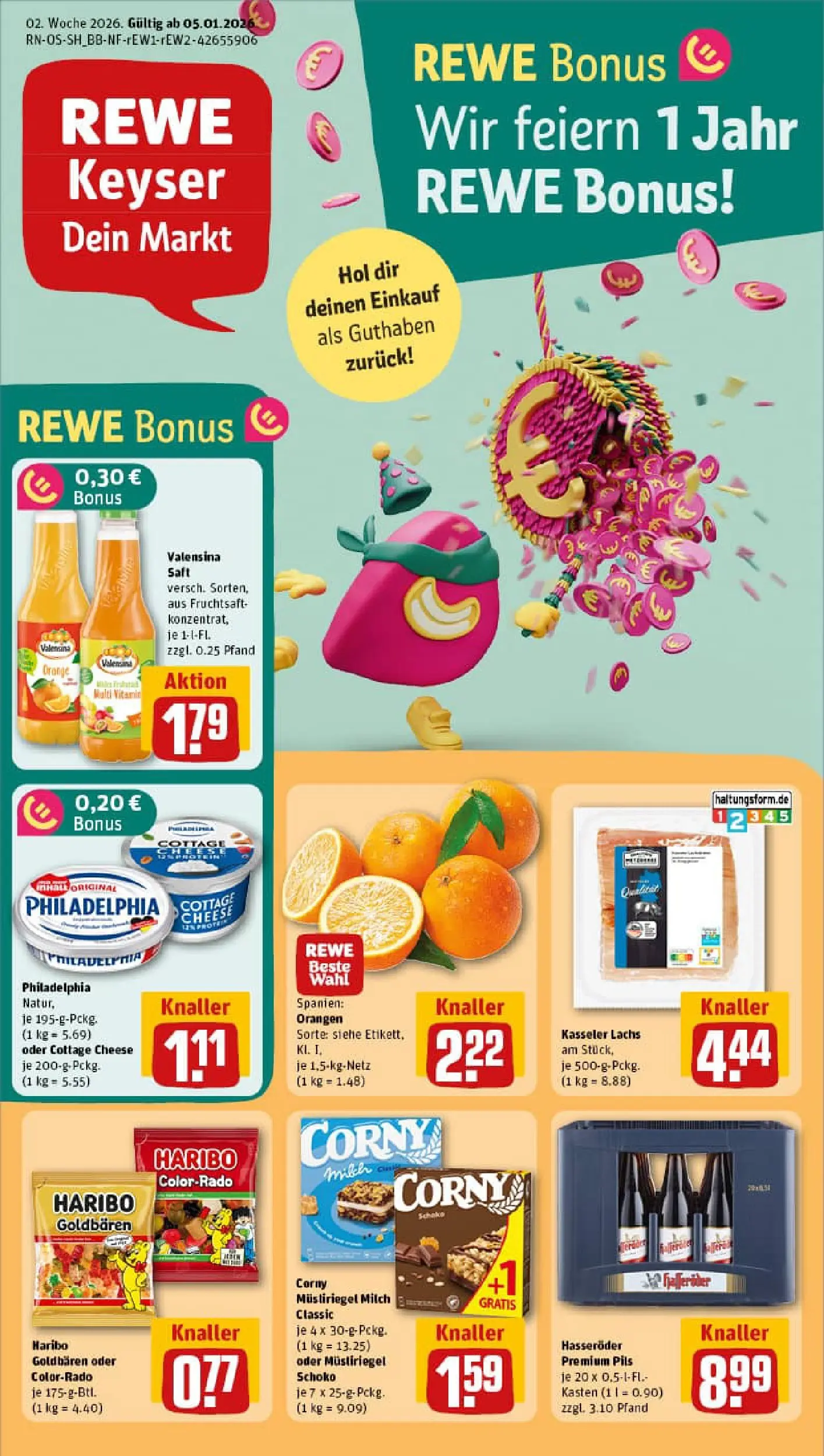 REWE Prospekt ab 04.01.2026 zum Blättern » Angebote | Seite: 1 | Produkte: Milch, Pils, Orangen, Hasseröder