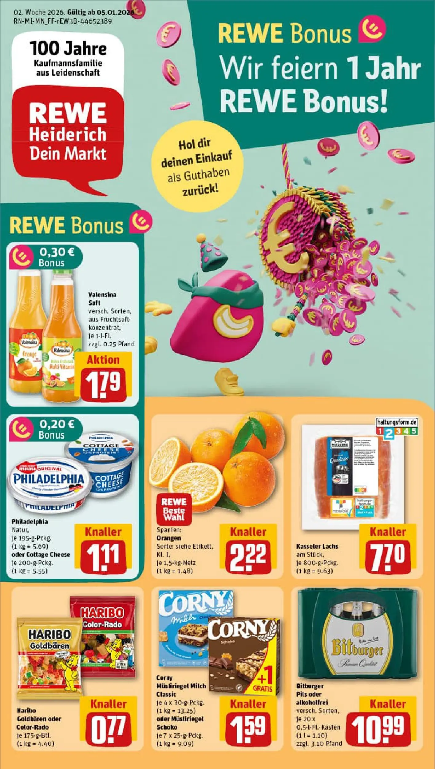 REWE Prospekt ab 04.01.2026 zum Blättern » Angebote | Seite: 1 | Produkte: Haribo, Pils, Valensina, Lachs