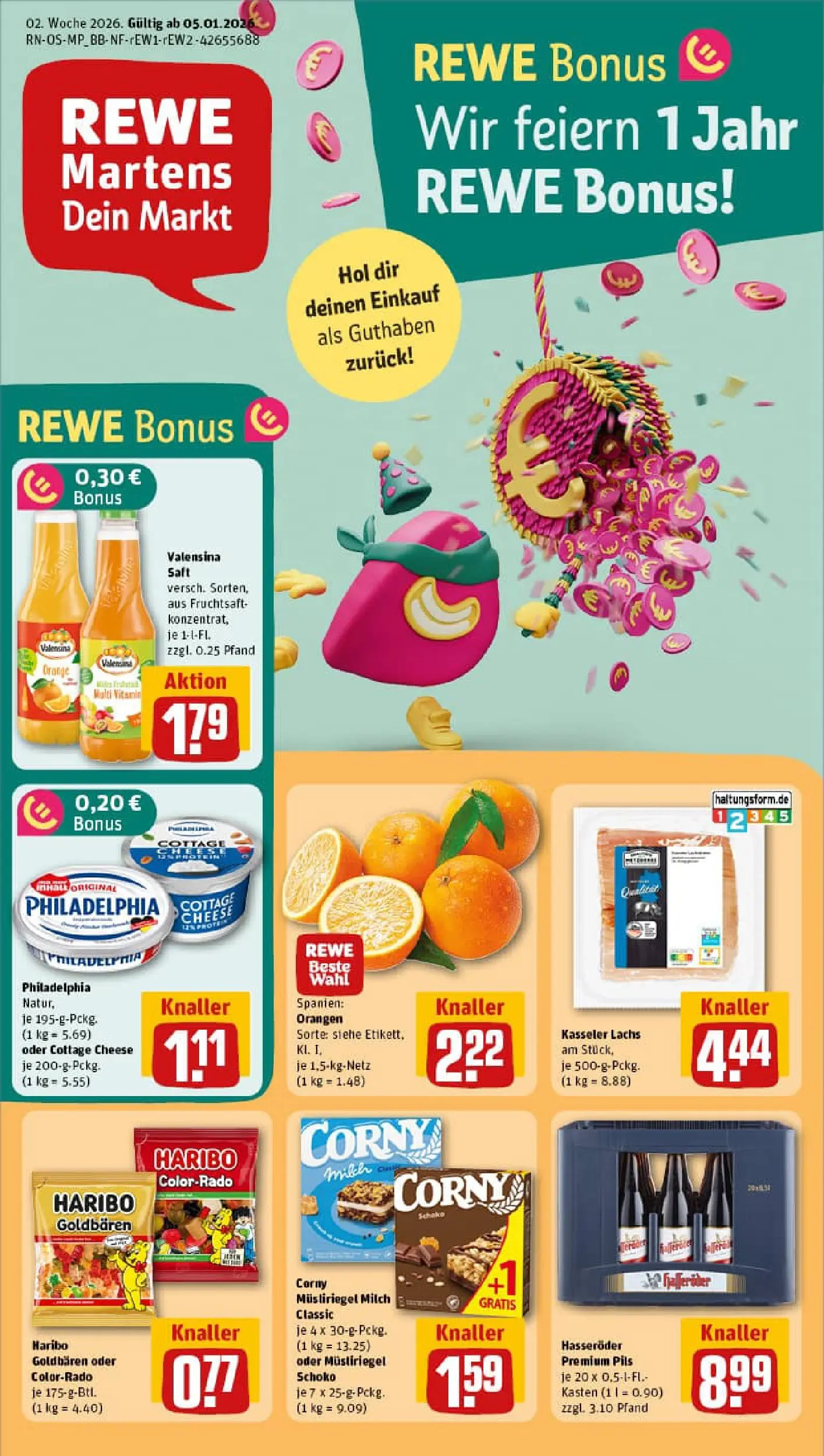 REWE Prospekt ab 04.01.2026 zum Blättern » Angebote | Seite: 1 | Produkte: Philadelphia, Pils, Saft, Hasseröder