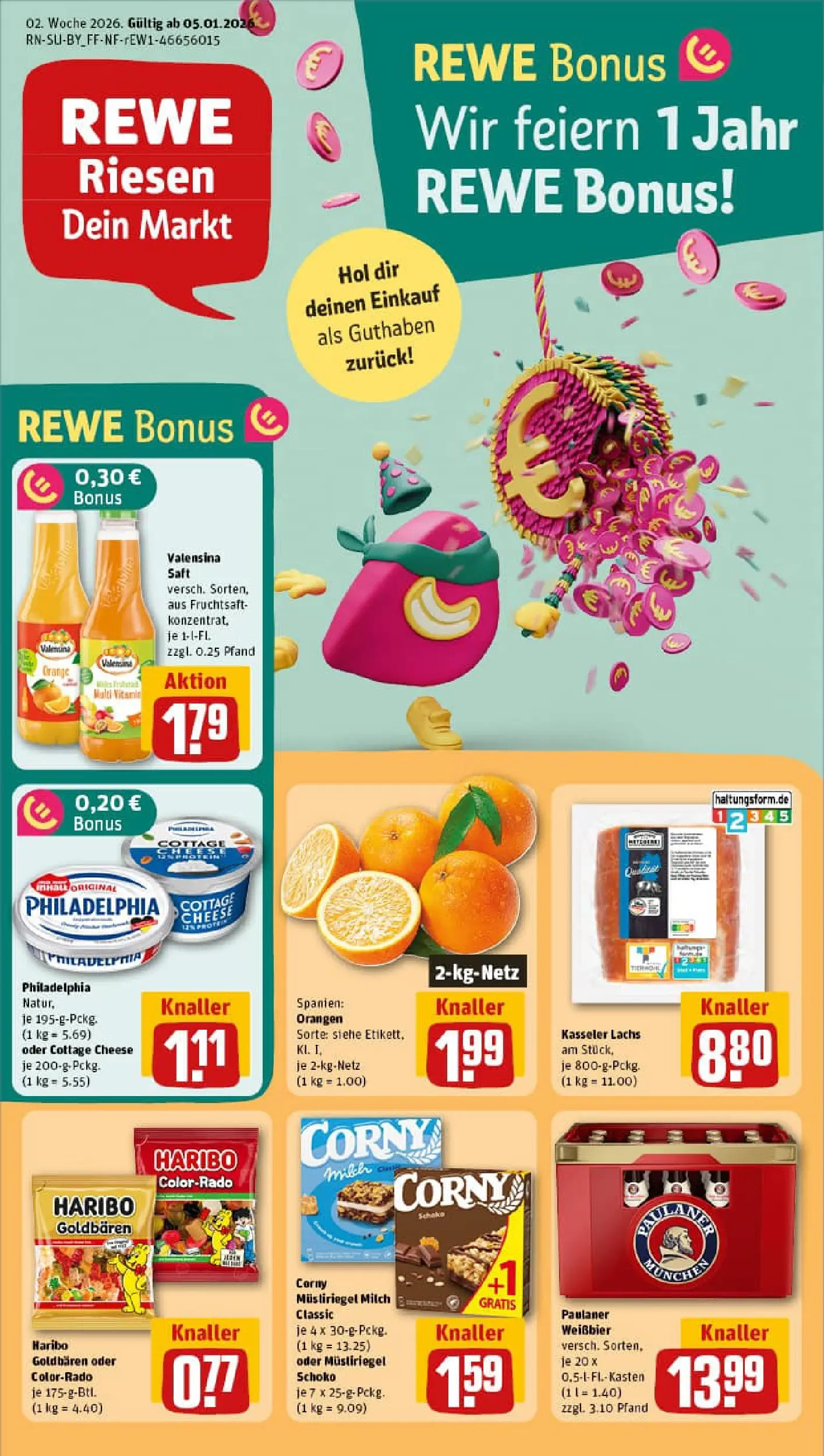 REWE Prospekt ab 04.01.2026 zum Blättern » Angebote | Seite: 1 | Produkte: Haribo, Weißbier, Lachs, Saft