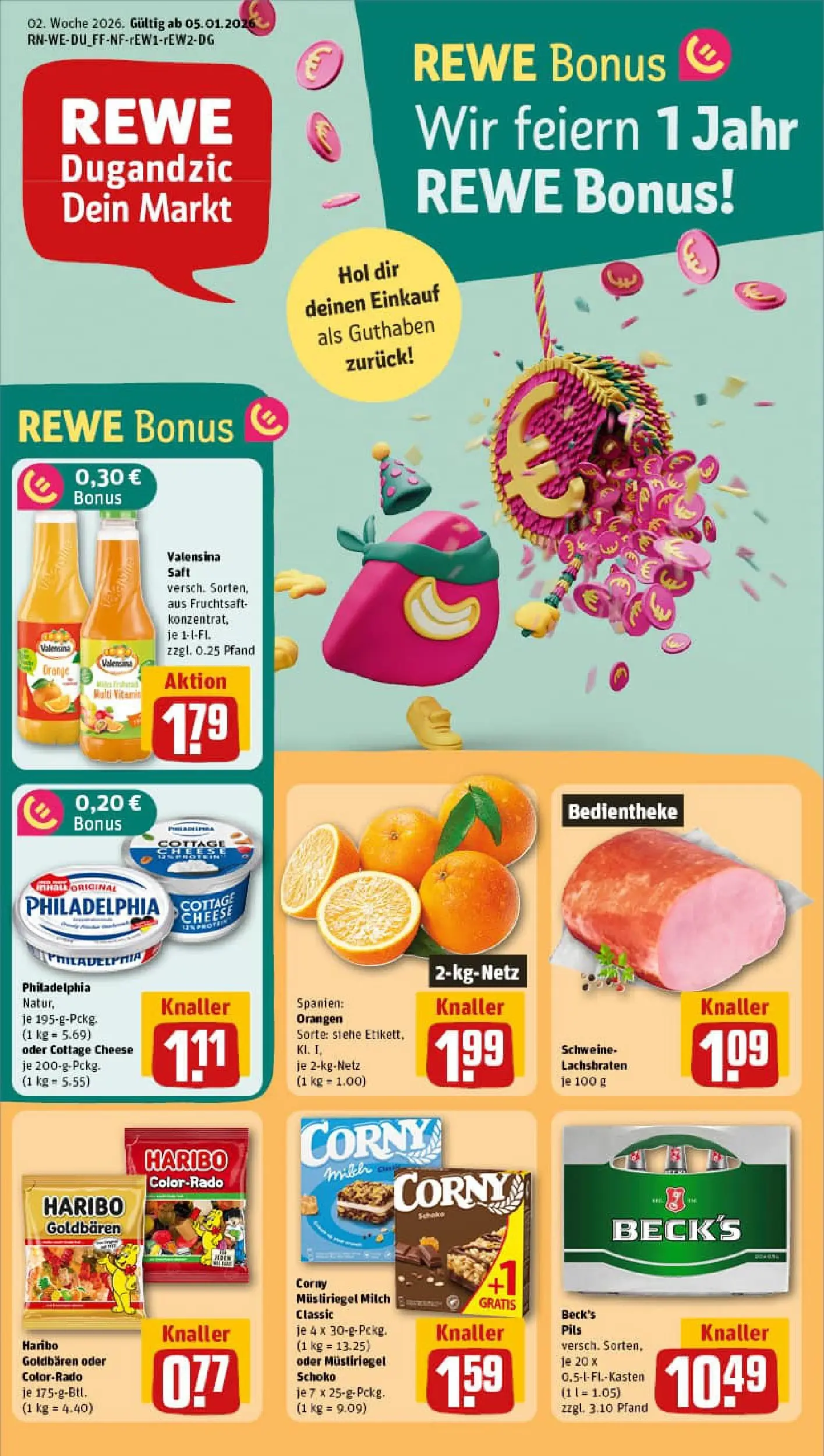 REWE Prospekt ab 04.01.2026 zum Blättern » Angebote | Seite: 1 | Produkte: Haribo, Philadelphia, Valensina, Fruchtsaft