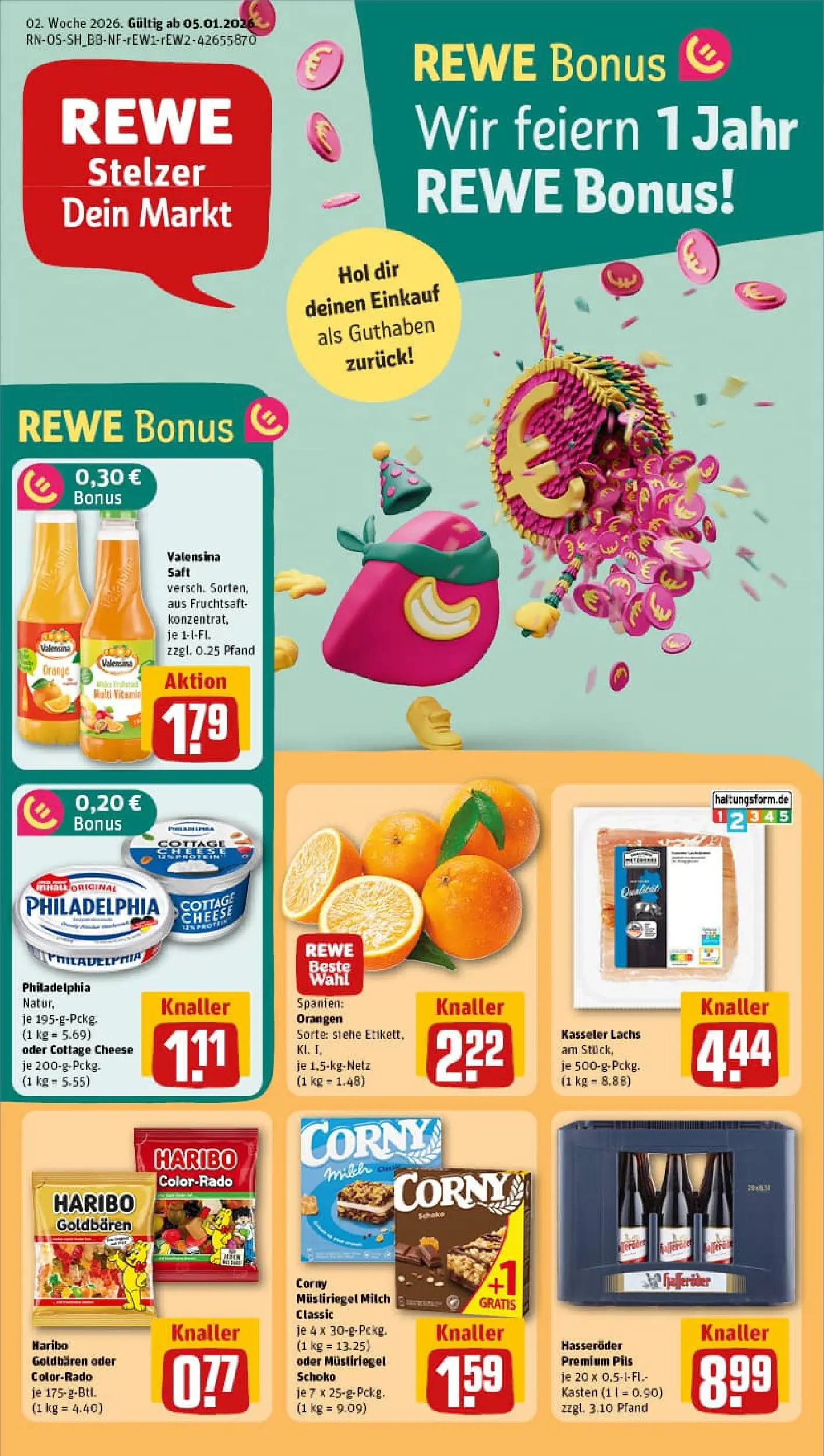 REWE Prospekt ab 04.01.2026 zum Blättern » Angebote | Seite: 1 | Produkte: Haribo, Milch, Philadelphia, Valensina