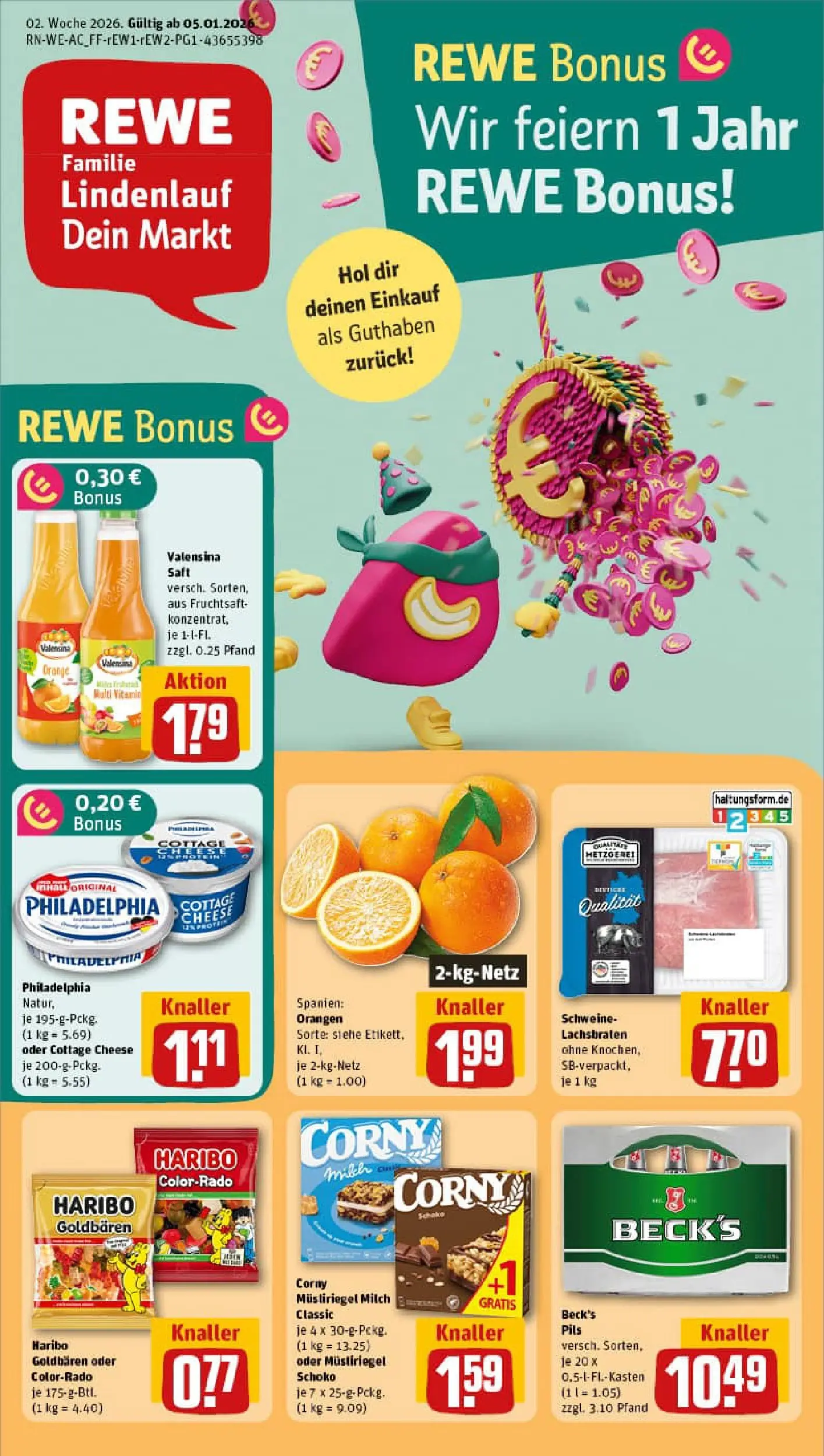 REWE Prospekt ab 04.01.2026 zum Blättern » Angebote | Seite: 1 | Produkte: Haribo, Philadelphia, Orangen, Fruchtsaft