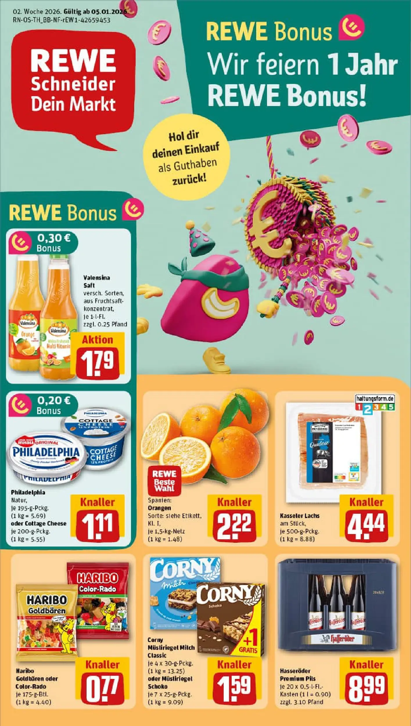 REWE Prospekt ab 04.01.2026 zum Blättern » Angebote | Seite: 1 | Produkte: Haribo, Philadelphia, Pils, Orangen