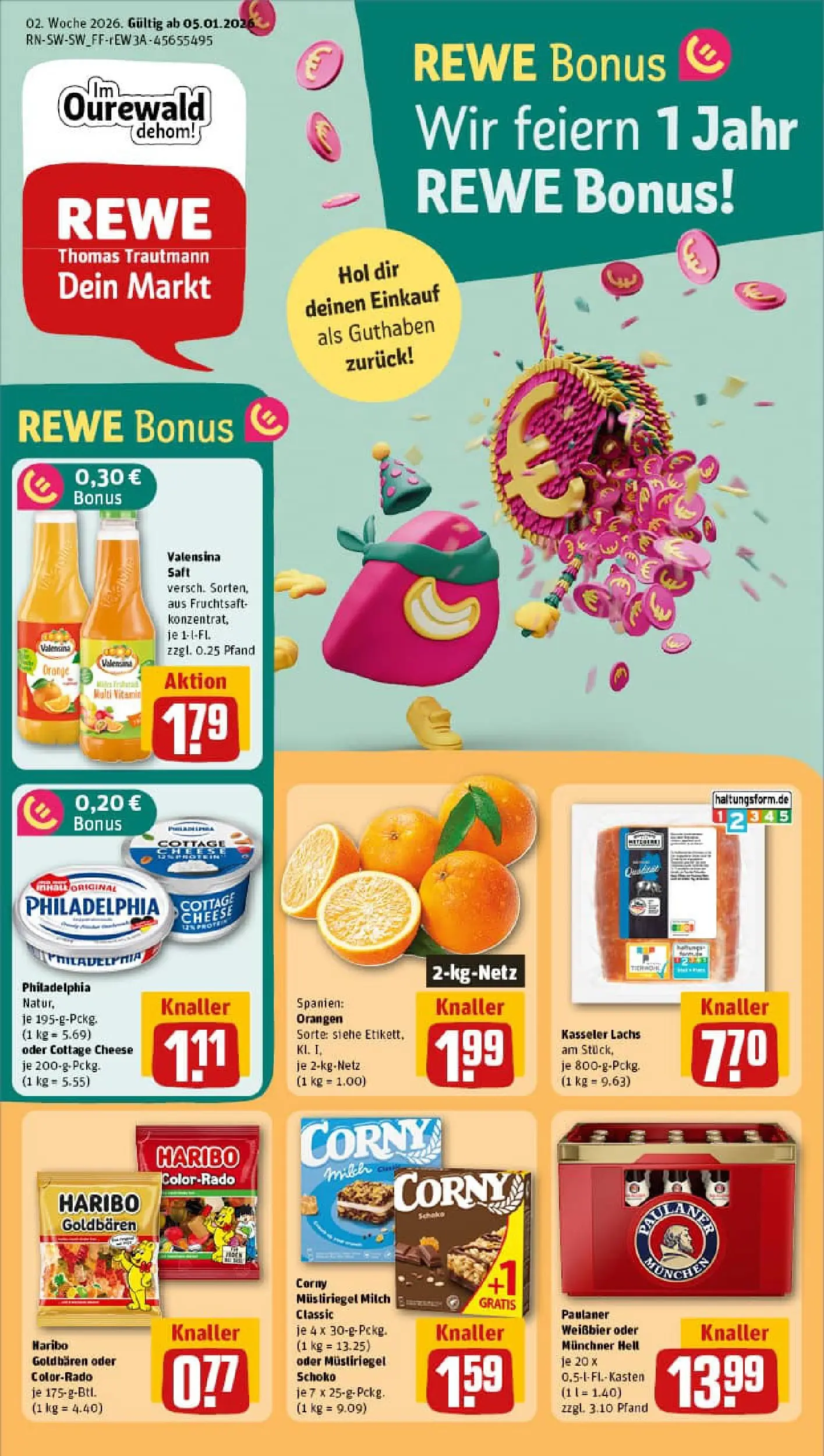 REWE Prospekt ab 04.01.2026 zum Blättern » Angebote | Seite: 1 | Produkte: Milch, Orangen, Lachs, Saft