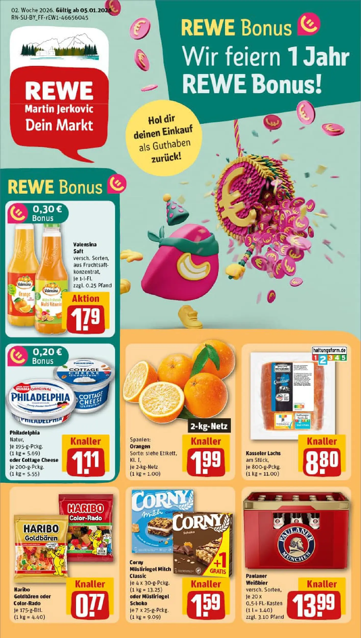 REWE Prospekt ab 04.01.2026 zum Blättern » Angebote | Seite: 1 | Produkte: Philadelphia, Orangen, Valensina, Lachs