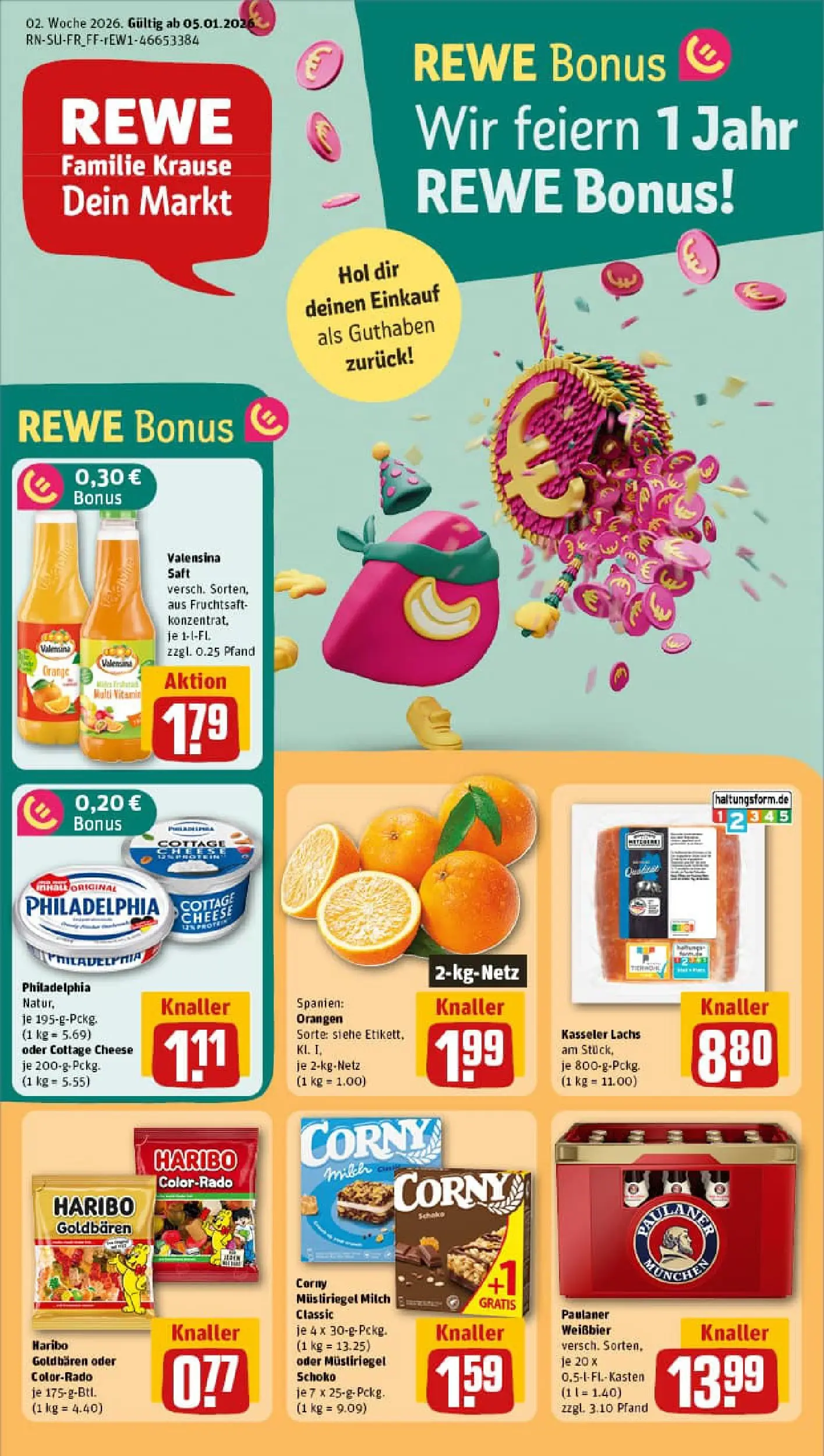 REWE Prospekt ab 04.01.2026 zum Blättern » Angebote | Seite: 1 | Produkte: Weißbier, Valensina, Saft, Fruchtsaft