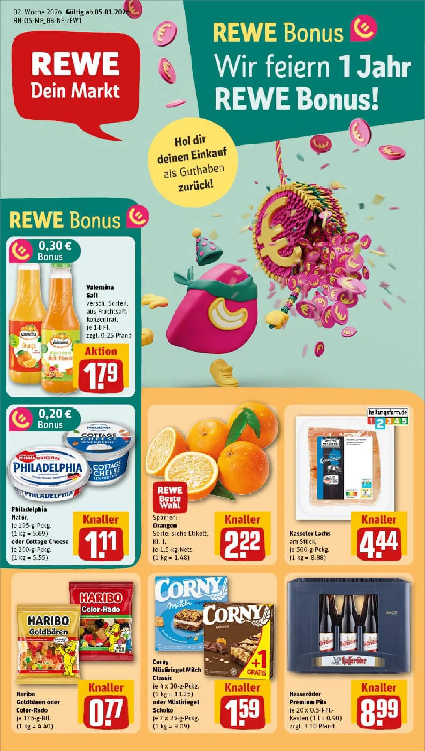 REWE Prospekt ab 04.01.2026 zum Blättern » Angebote | Seite: 1 | Produkte: Haribo, Milch, Saft, Fruchtsaft