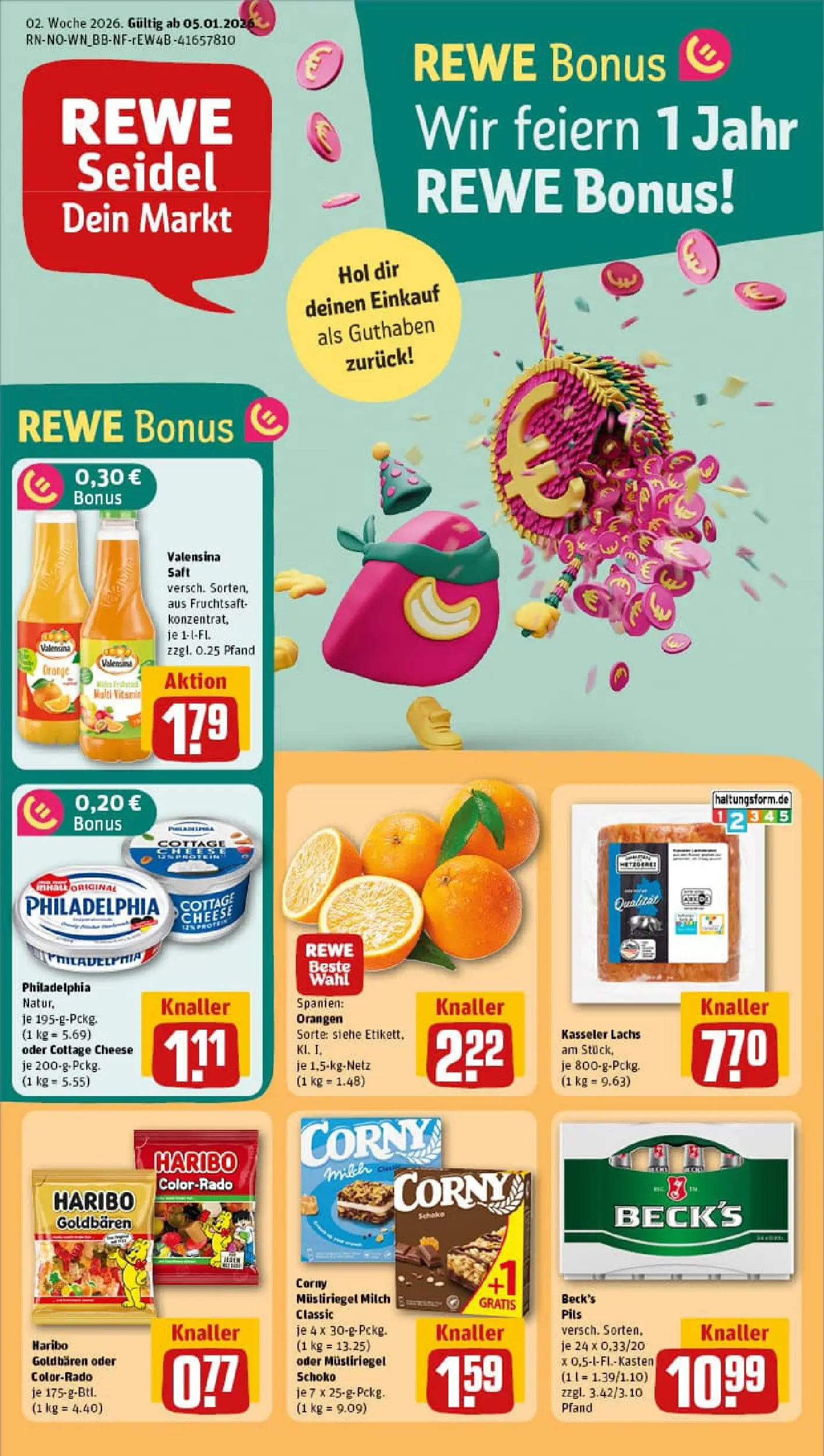 REWE Prospekt ab 04.01.2026 zum Blättern » Angebote | Seite: 1 | Produkte: Philadelphia, Orangen, Valensina, Fruchtsaft