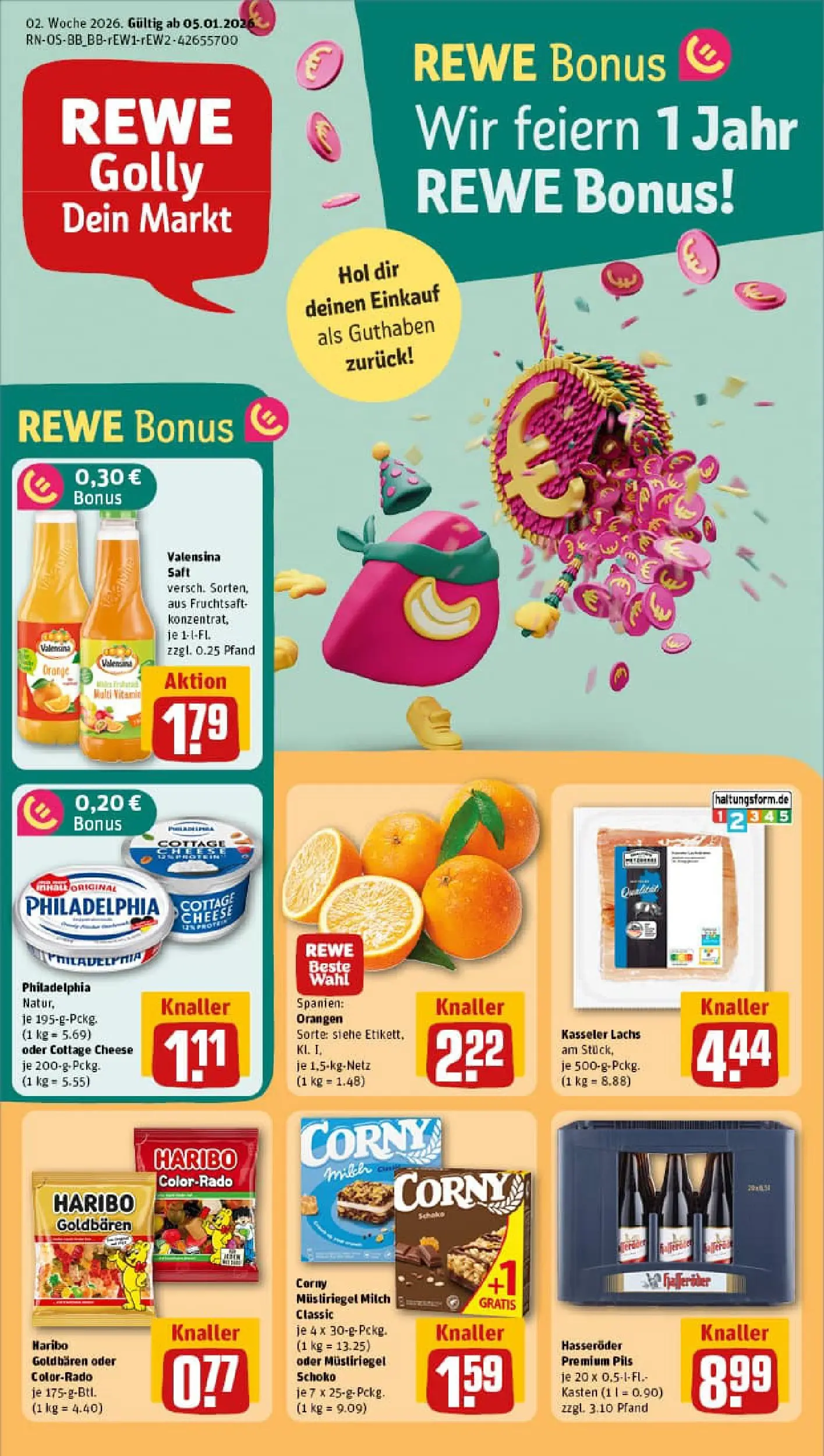 REWE Prospekt ab 04.01.2026 zum Blättern » Angebote | Seite: 1 | Produkte: Haribo, Philadelphia, Saft, Hasseröder