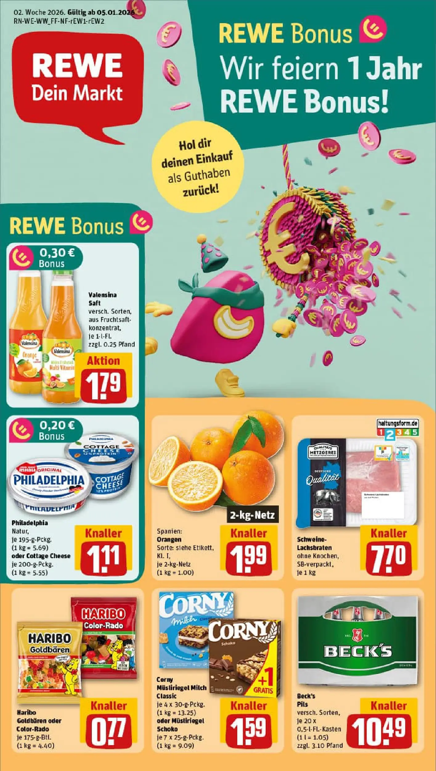 REWE Prospekt ab 04.01.2026 zum Blättern » Angebote | Seite: 1 | Produkte: Milch, Pils, Orangen, Saft