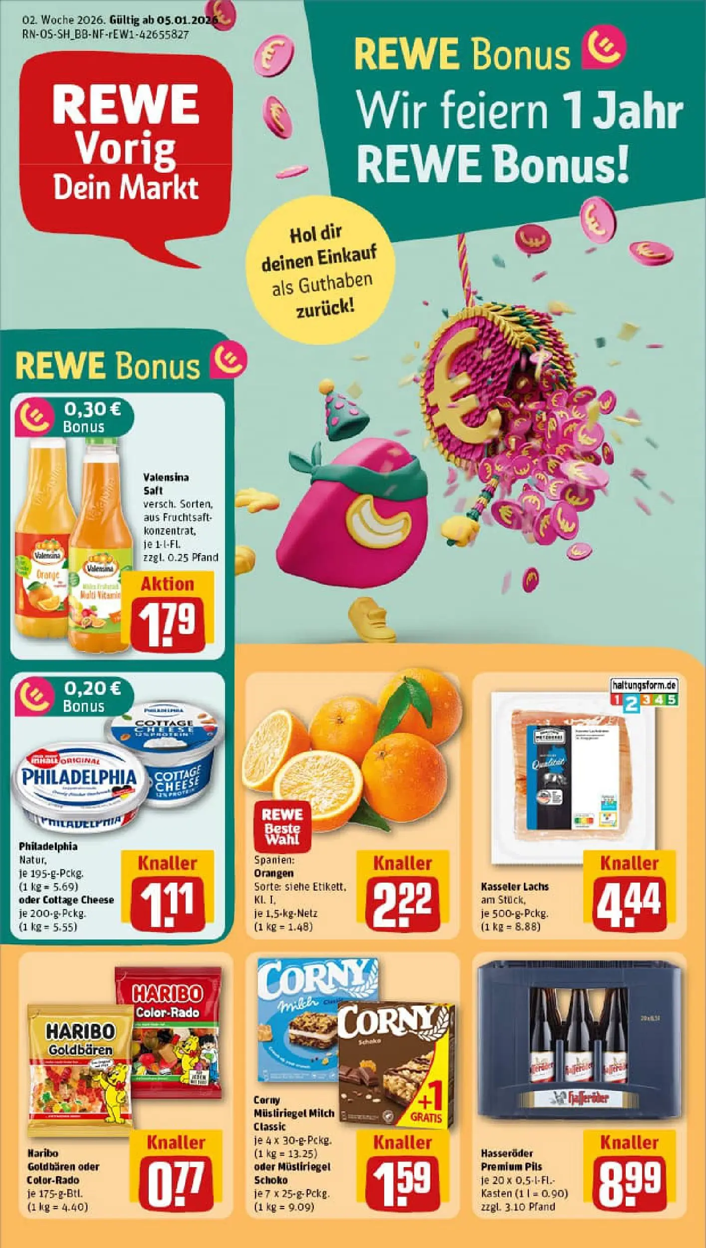 REWE Prospekt ab 04.01.2026 zum Blättern » Angebote | Seite: 1 | Produkte: Orangen, Lachs, Saft, Fruchtsaft